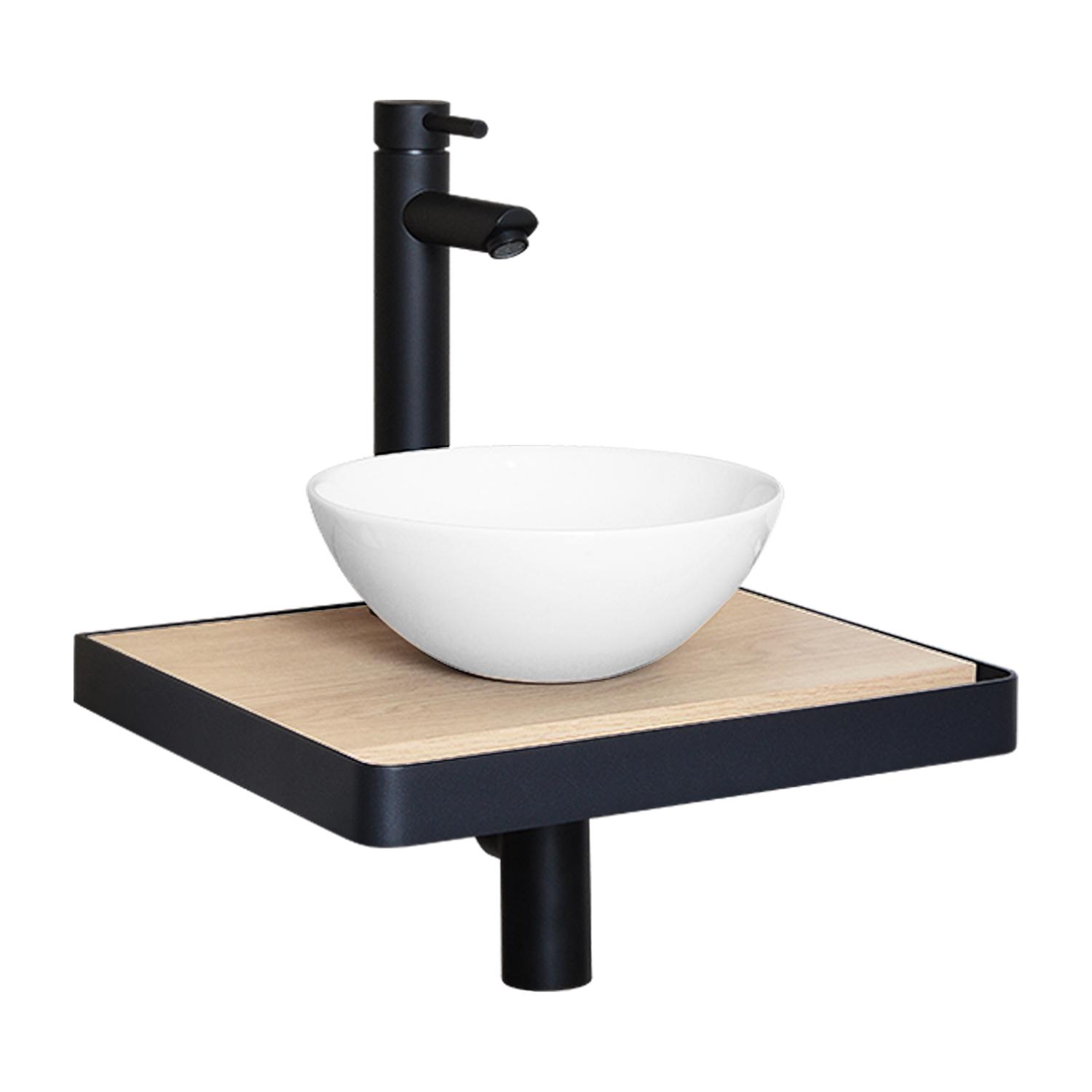 Meuble lave-mains plan fin porte-serviettes face + vasque blanche + robinet