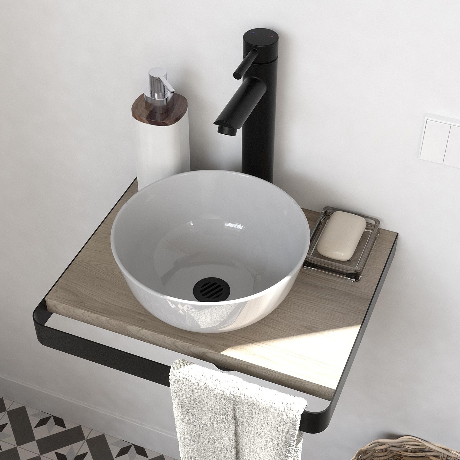 Meuble lave-mains plan fin porte-serviettes face + vasque blanche + robinet