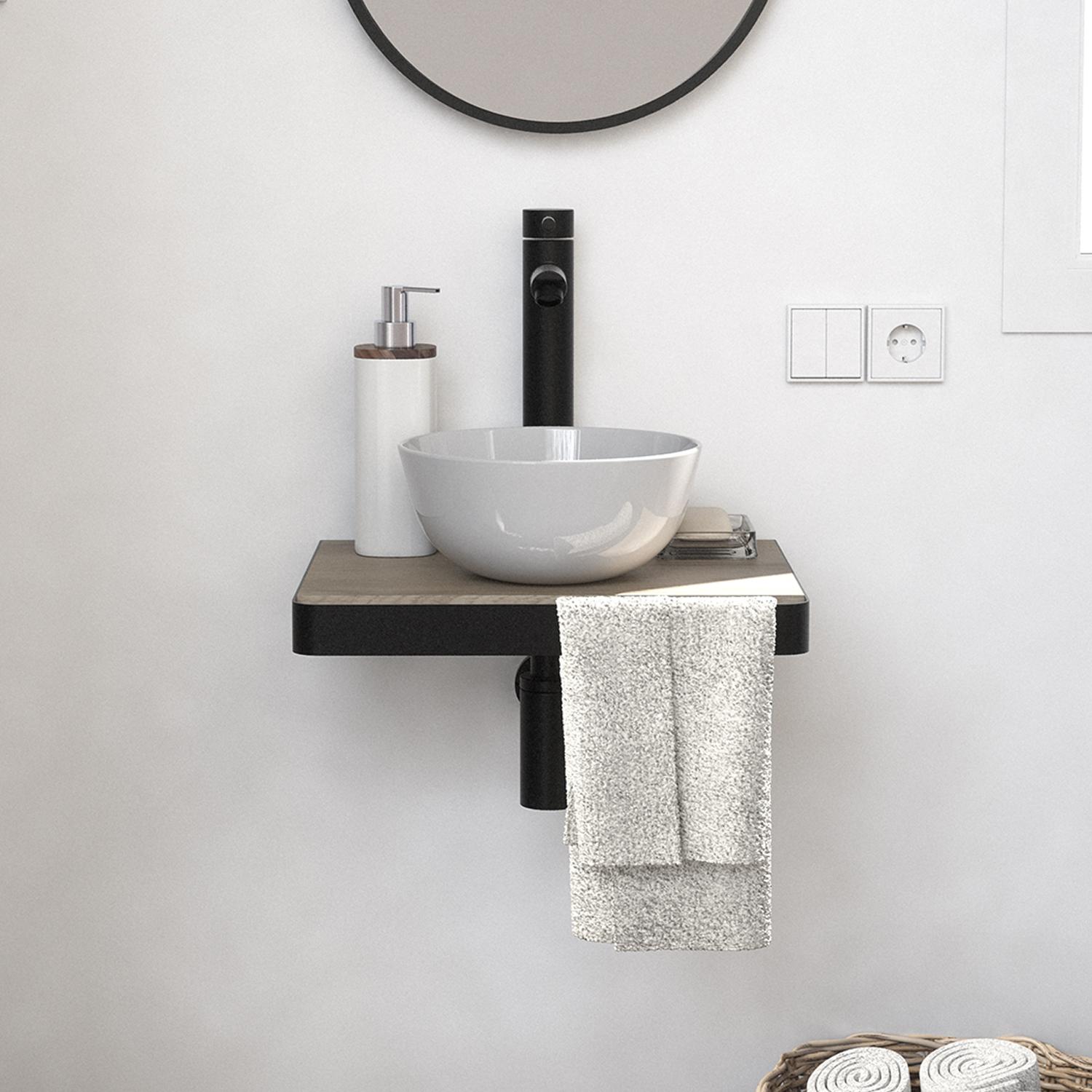 Meuble lave-mains plan fin porte-serviettes face + vasque blanche