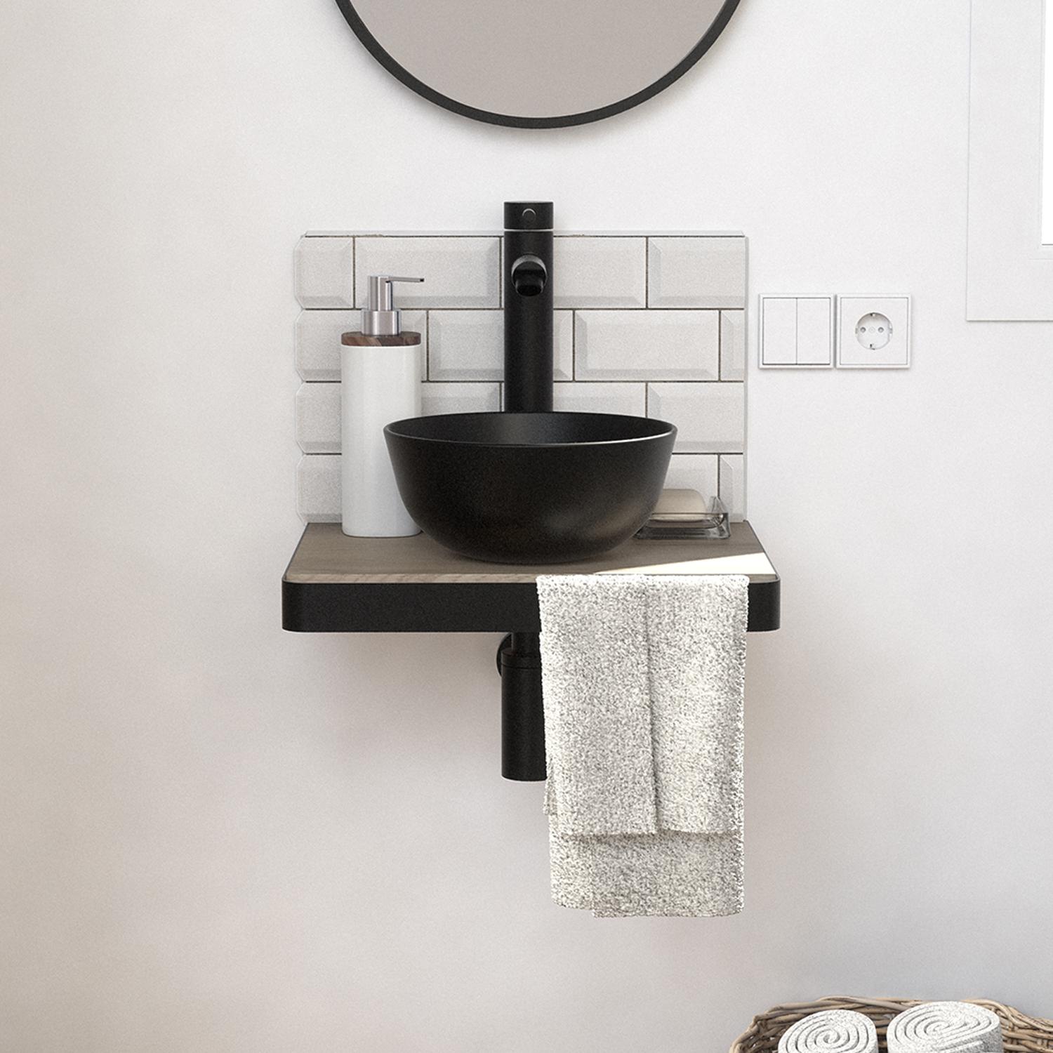 Meuble lave-mains plan fin porte-serviettes face + vasque noire + robinet