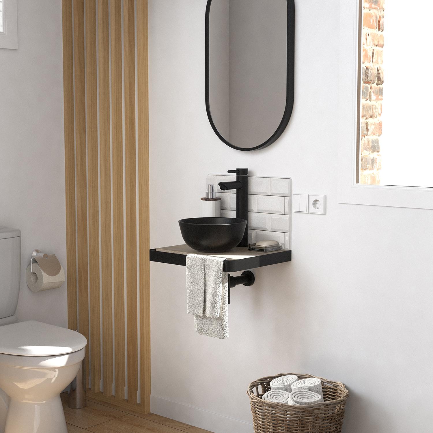 Meuble lave-mains plan fin porte-serviettes face + vasque noire + robinet