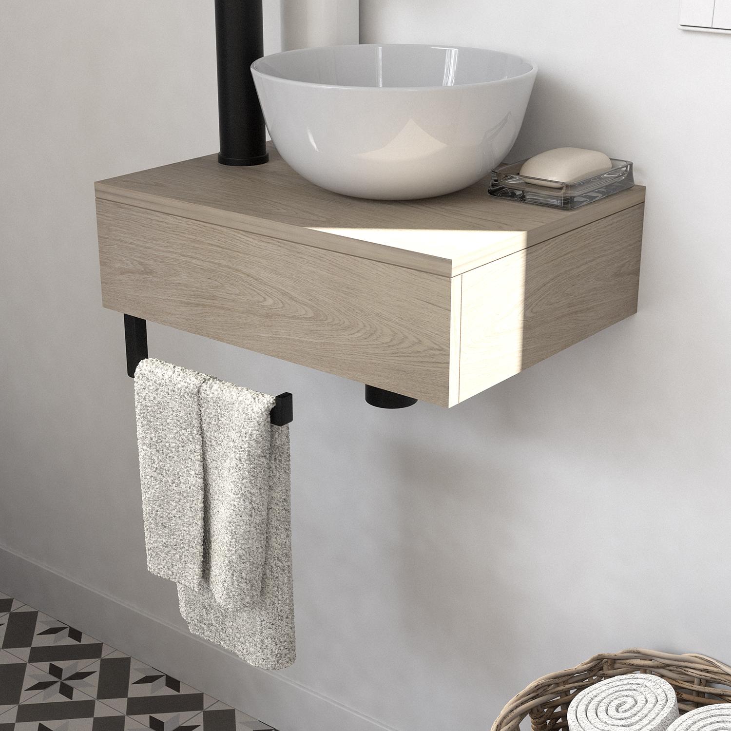 Meuble lave-mains plan épais porte-serviettes dessous + vasque blanche