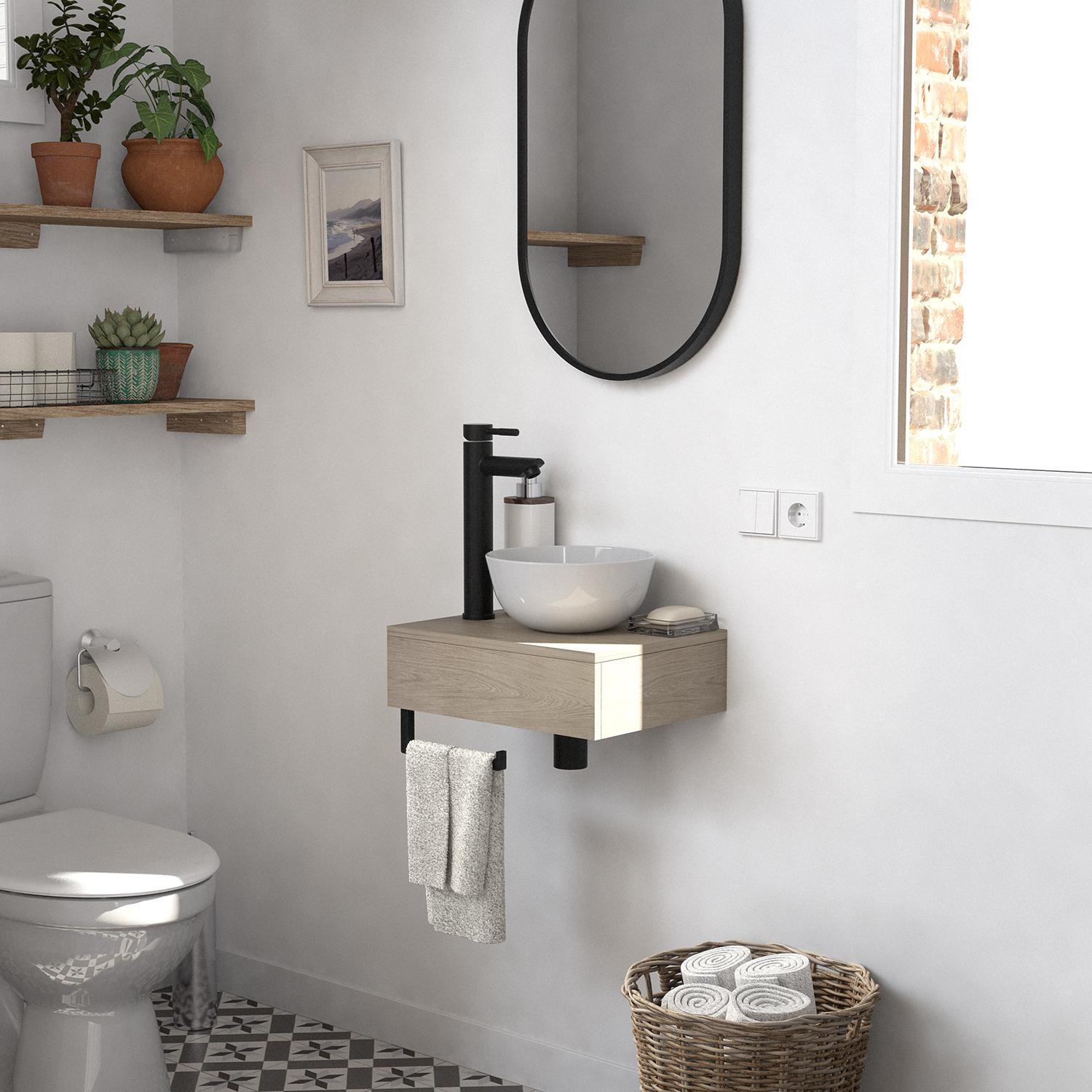 Meuble lave-mains plan épais porte-serviettes dessous + vasque blanche