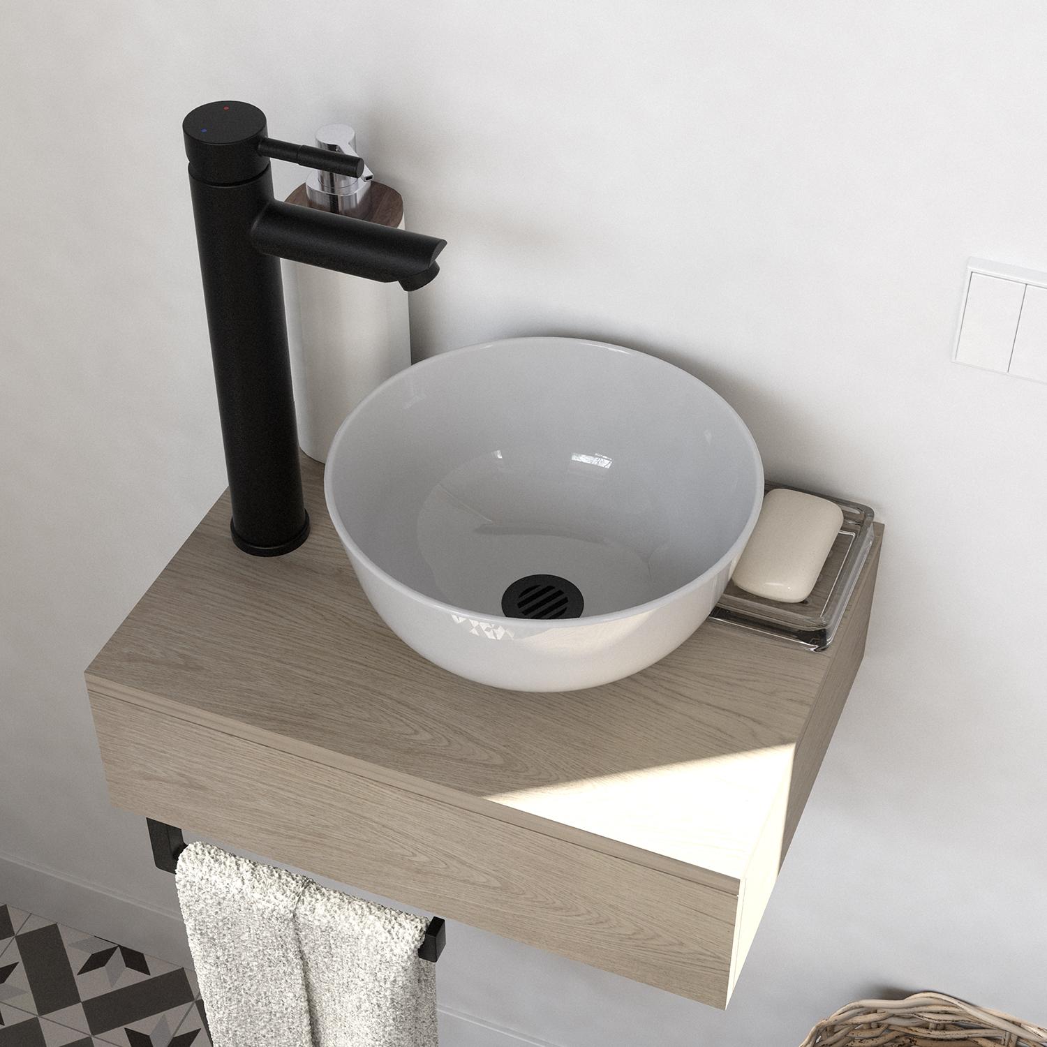 Meuble lave-mains plan fin porte-serviettes dessous + vasque blanche + robinet