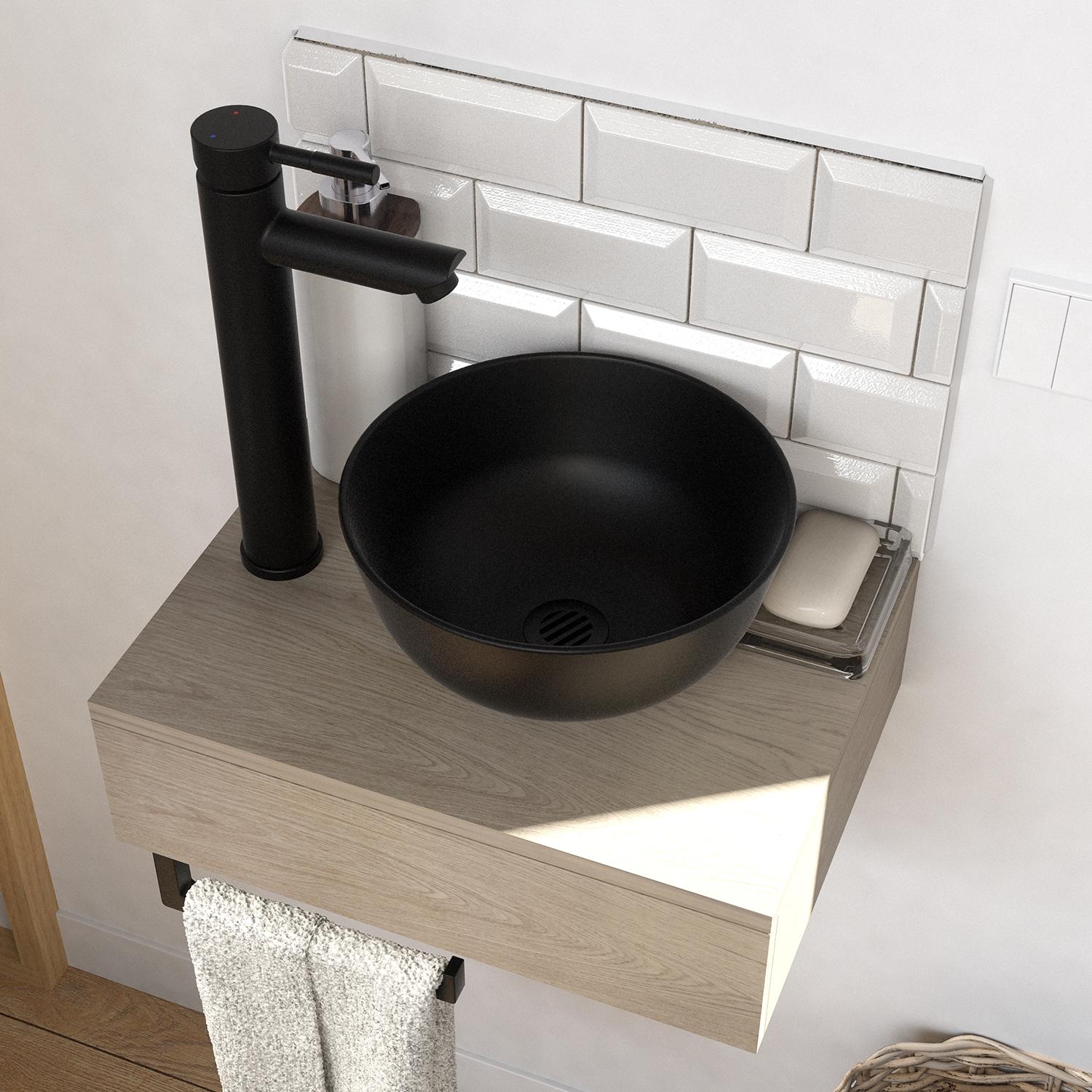 Meuble lave-mains plan épais porte-serviettes dessous + vasque noire
