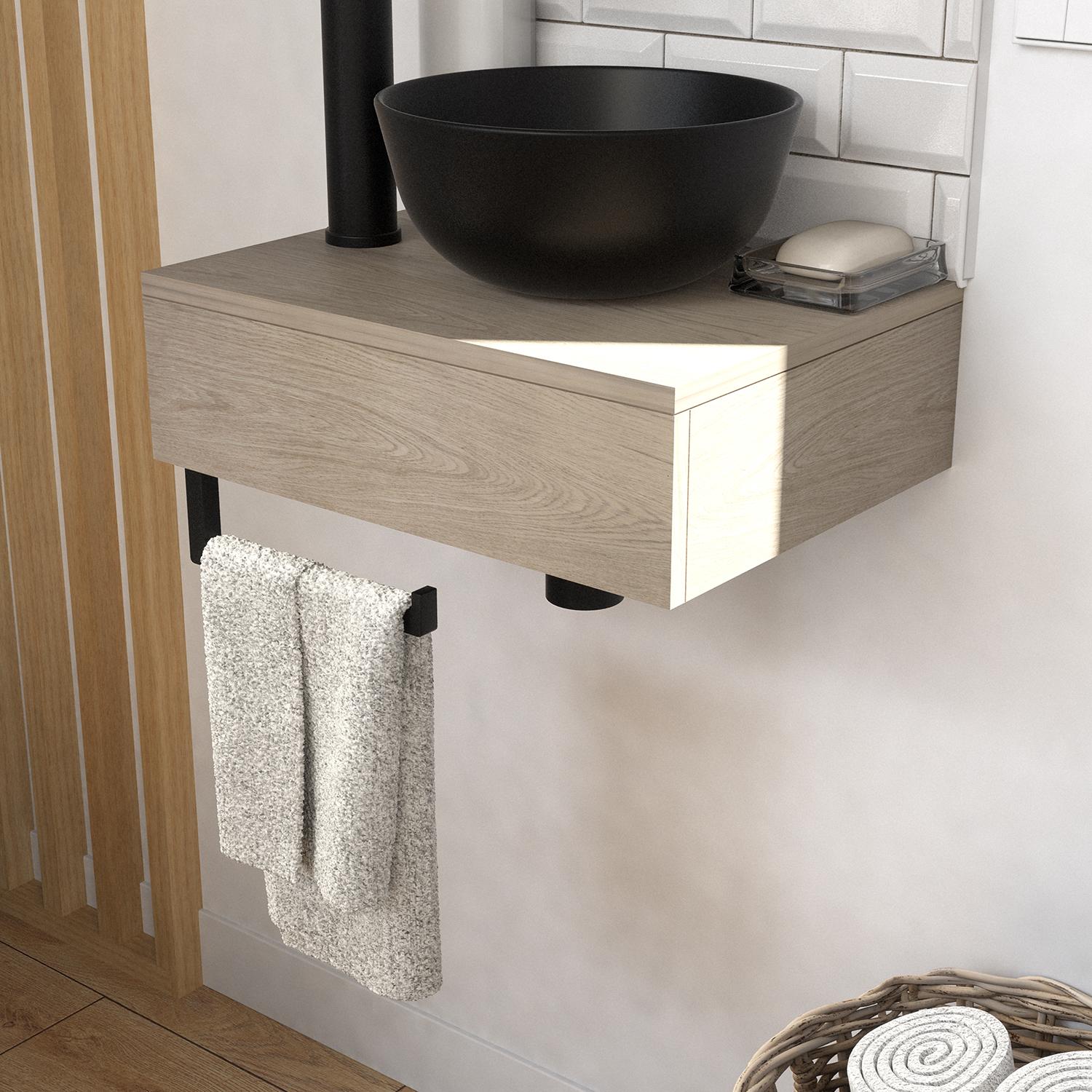 Meuble lave-mains plan épais porte-serviettes dessous + vasque noire