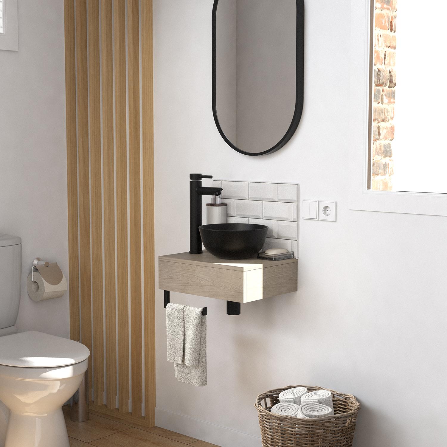 Meuble lave-mains plan épais porte-serviettes dessous + vasque noire