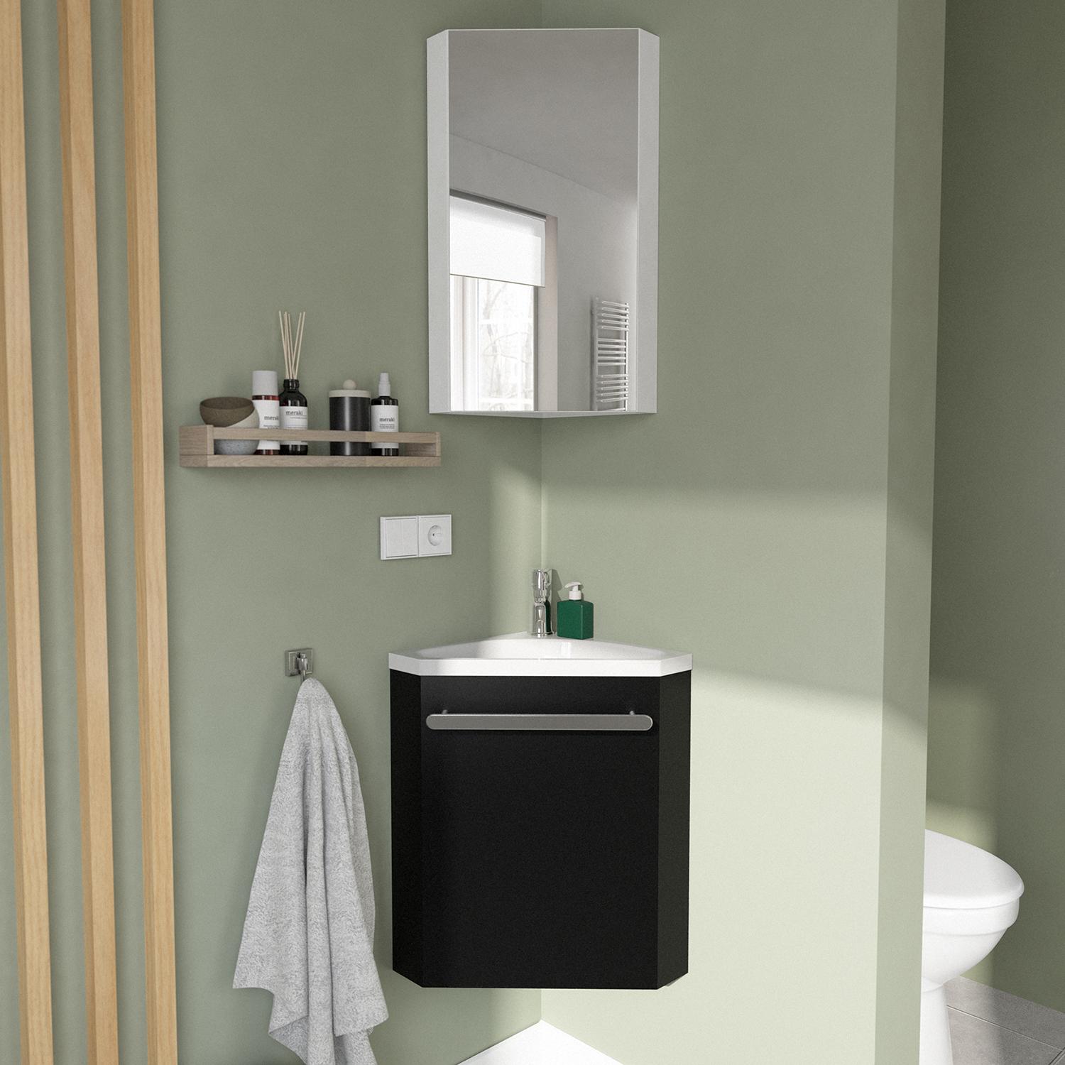 Ensemble lave-mains angle noir + vasque + robinet  + miroir