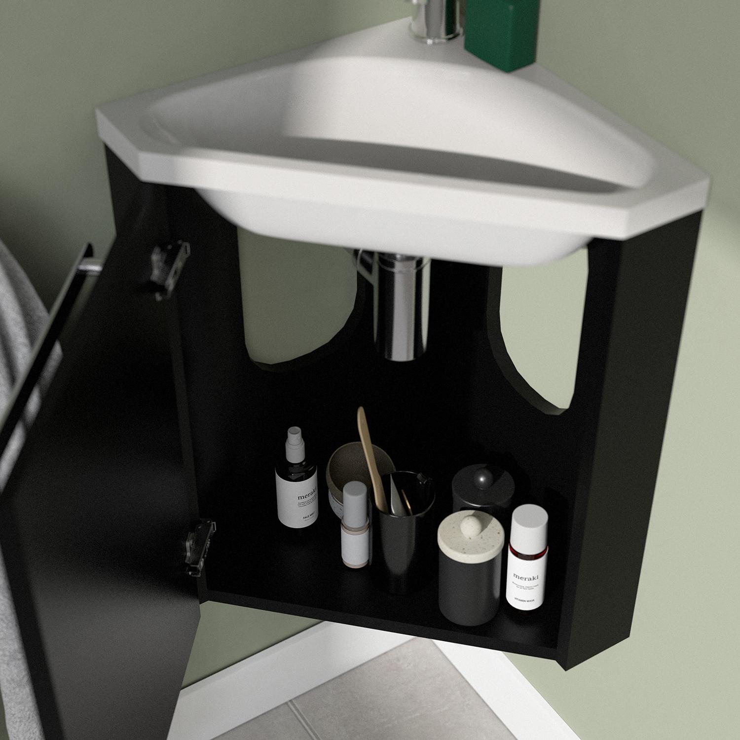 Ensemble lave-mains angle noir + vasque + robinet  + miroir