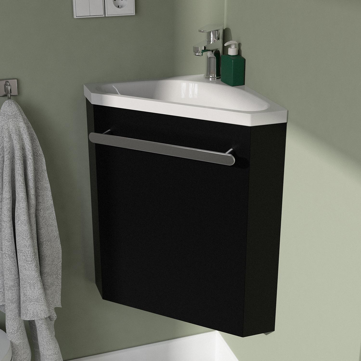Ensemble lave-mains angle noir + vasque + robinet  + miroir