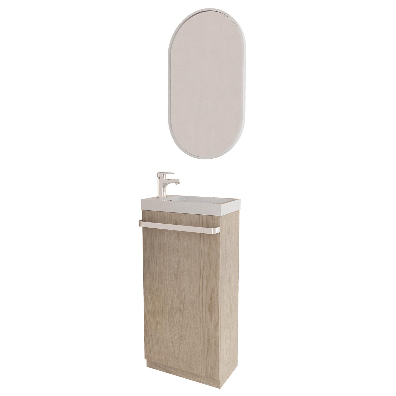 Ensemble lave-mains sur pieds décor chêne + miroir
