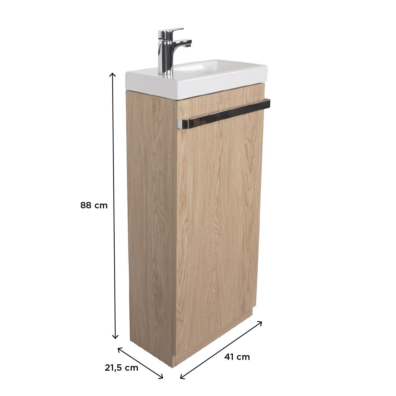 Meuble lave-mains sur pieds décor chêne