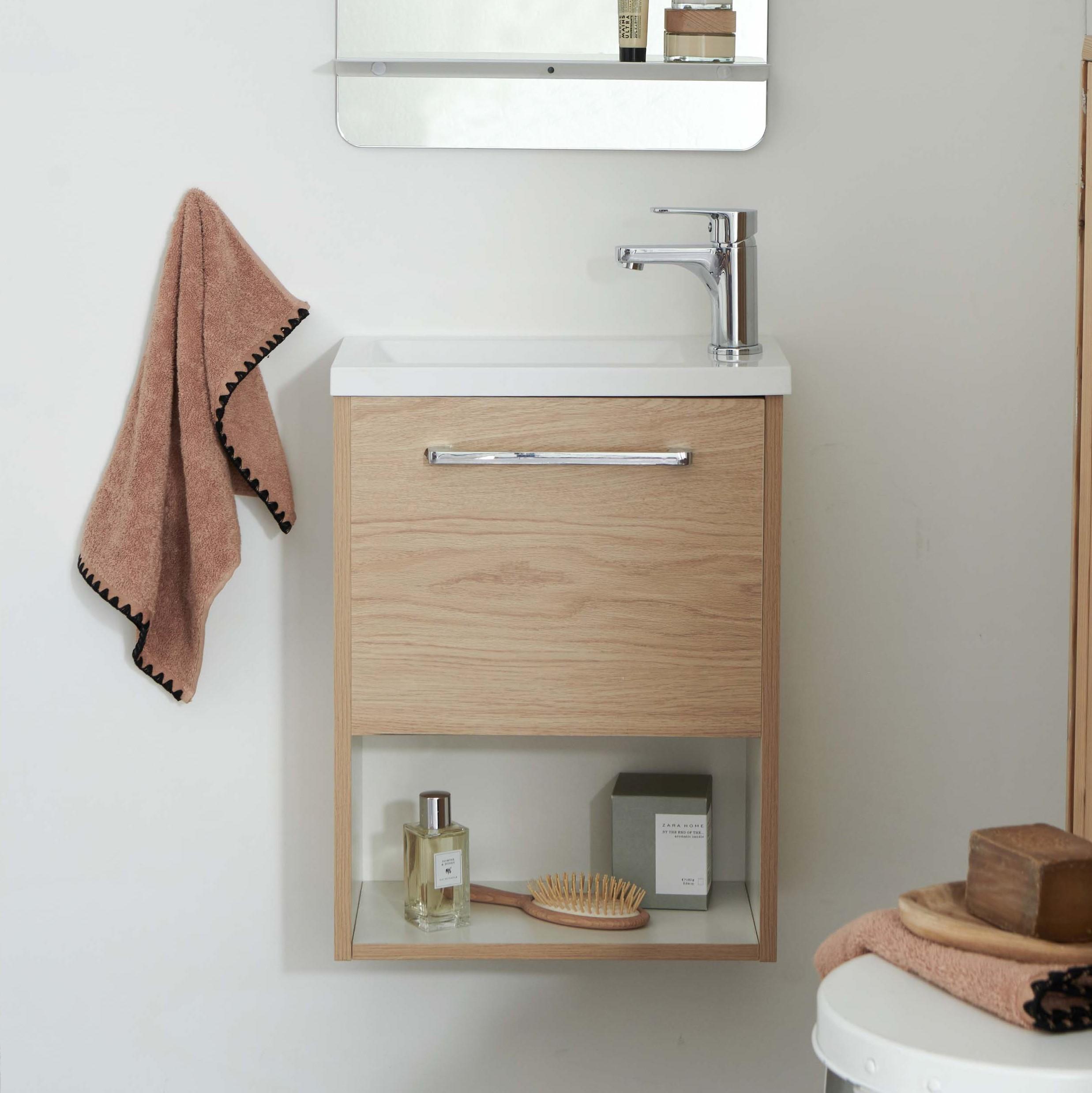 Meuble lave-mains décor chêne intérieur blanc NIKA
