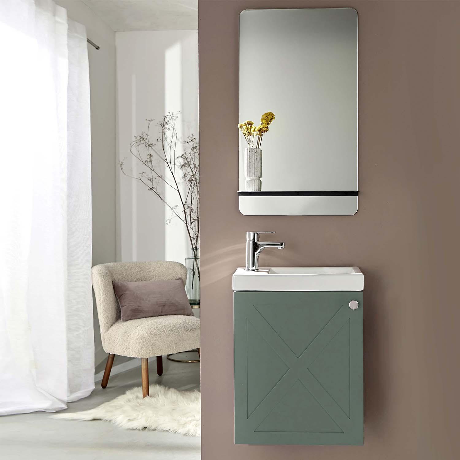 Ensemble meuble lave-mains vert de gris AVA + miroir + robinet chromé