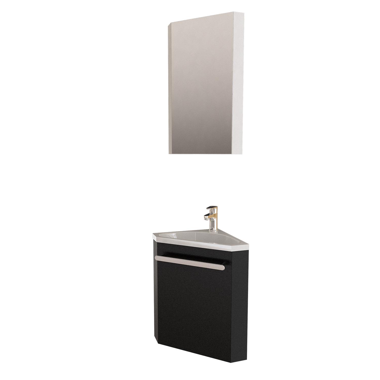 Ensemble lave-mains angle noir + vasque + robinet  + armoire toilette d'angle
