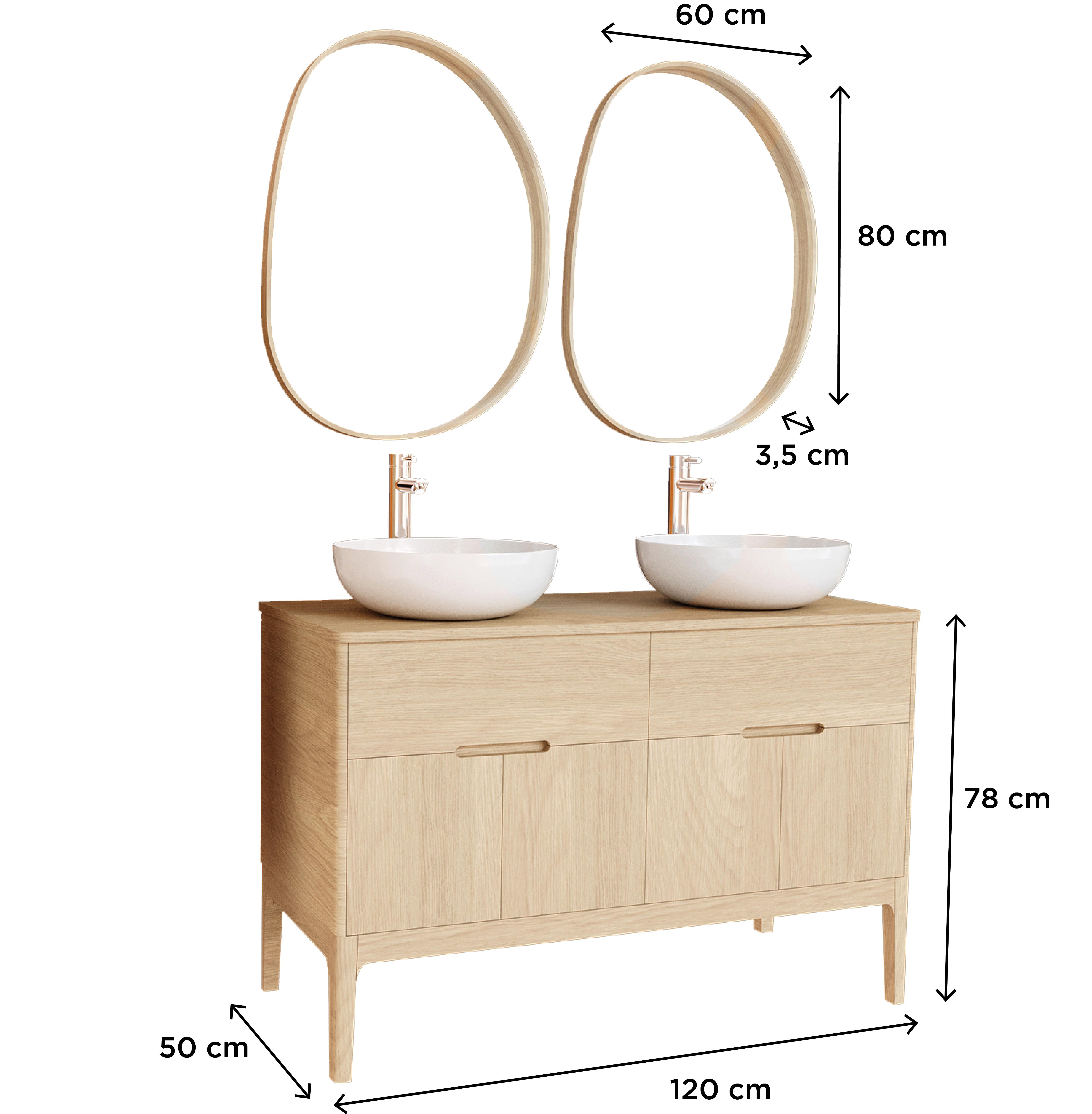 Ensemble meuble double vasque 120 cm chêne naturel + 2 vasques + 2 robinets + 2 miroirs