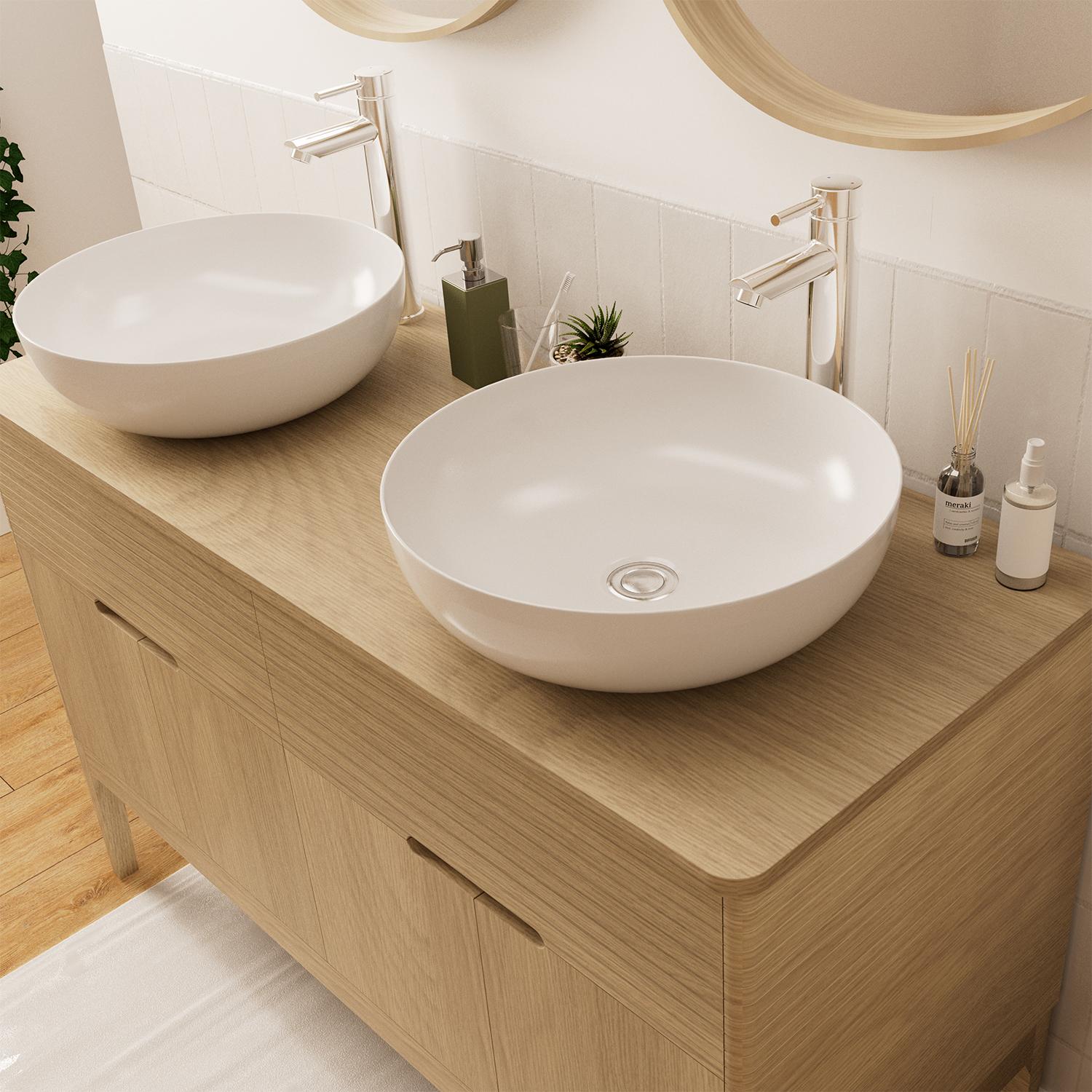 Ensemble meuble double vasque 120 cm chêne naturel + 2 vasques + 2 robinets
