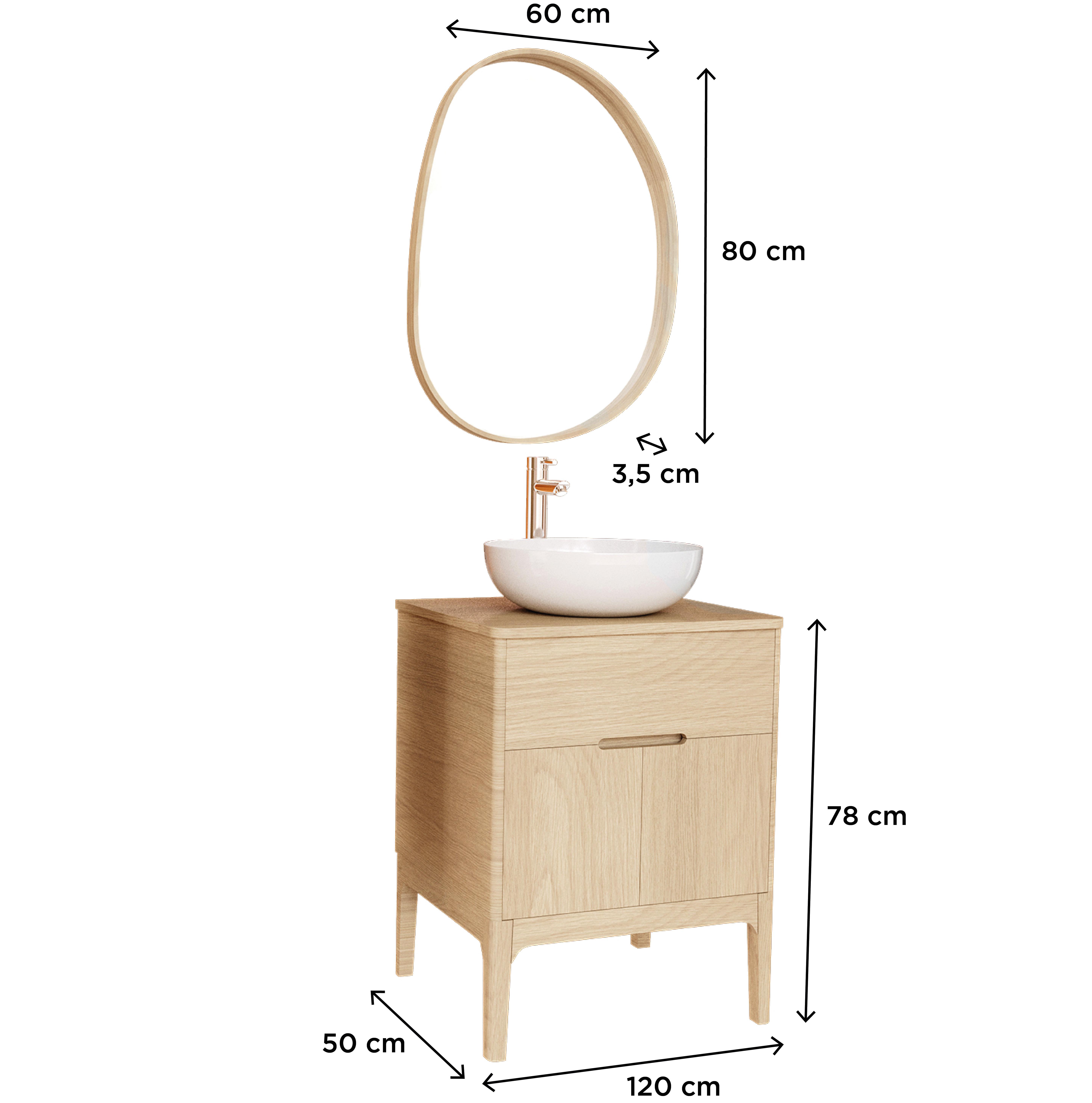 Ensemble meuble simple vasque 60 cm chêne naturel + vasque + robinet + miroir