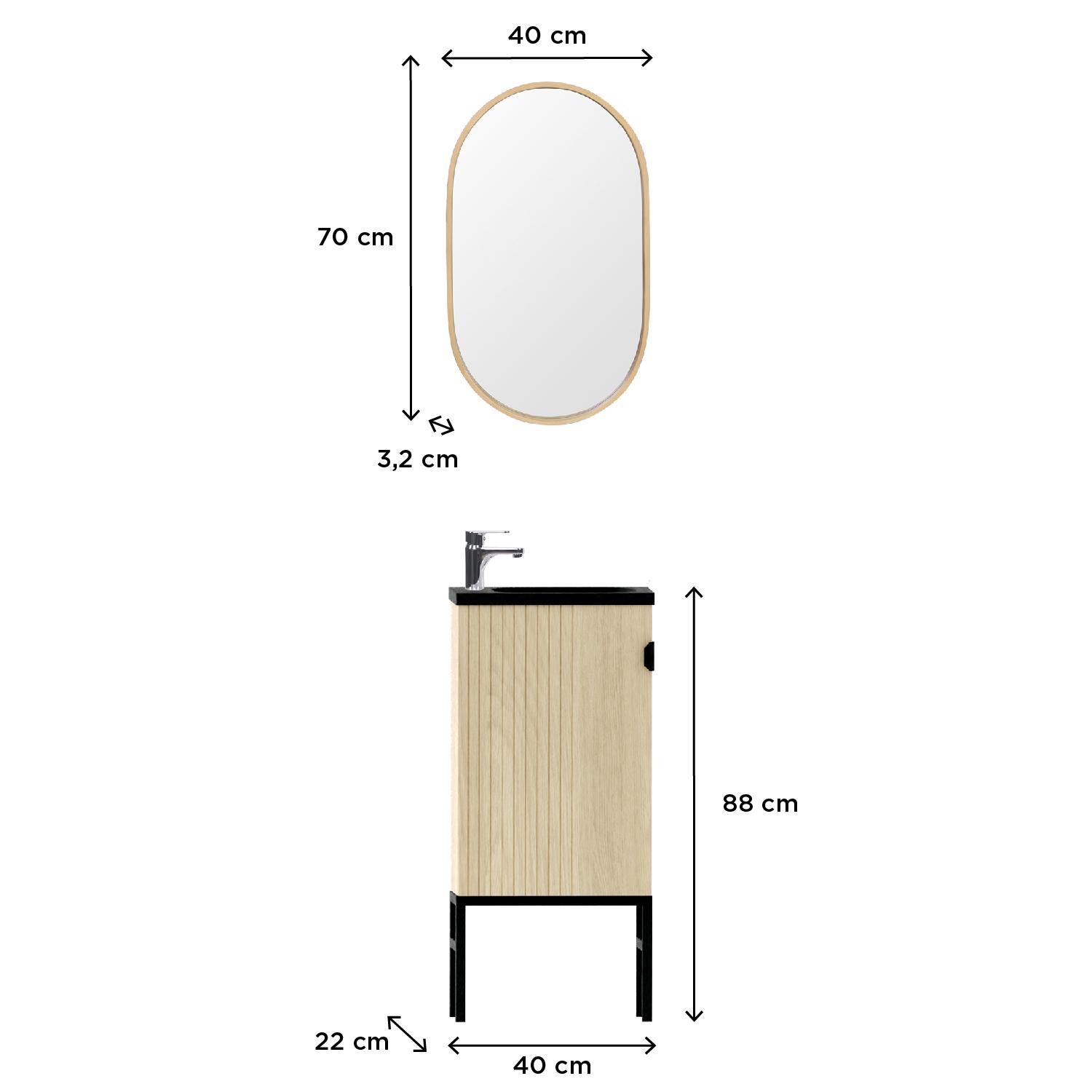 Ensemble meuble lave-mains sur pieds chêne carbone + miroir