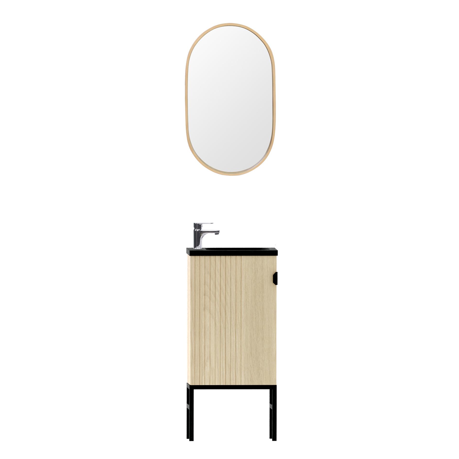 Ensemble meuble lave-mains sur pieds chêne carbone + robinet + miroir