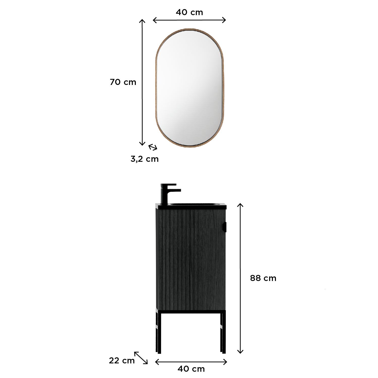 Ensemble meuble lave-mains décor chêne vasque noire + miroir