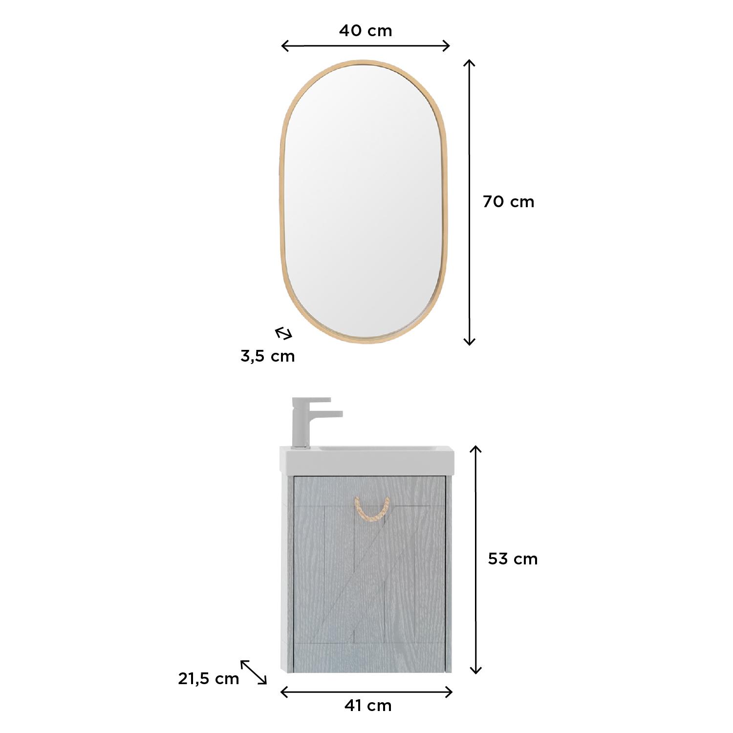 Meuble lave-mains gris bord de mer + robinet + miroir