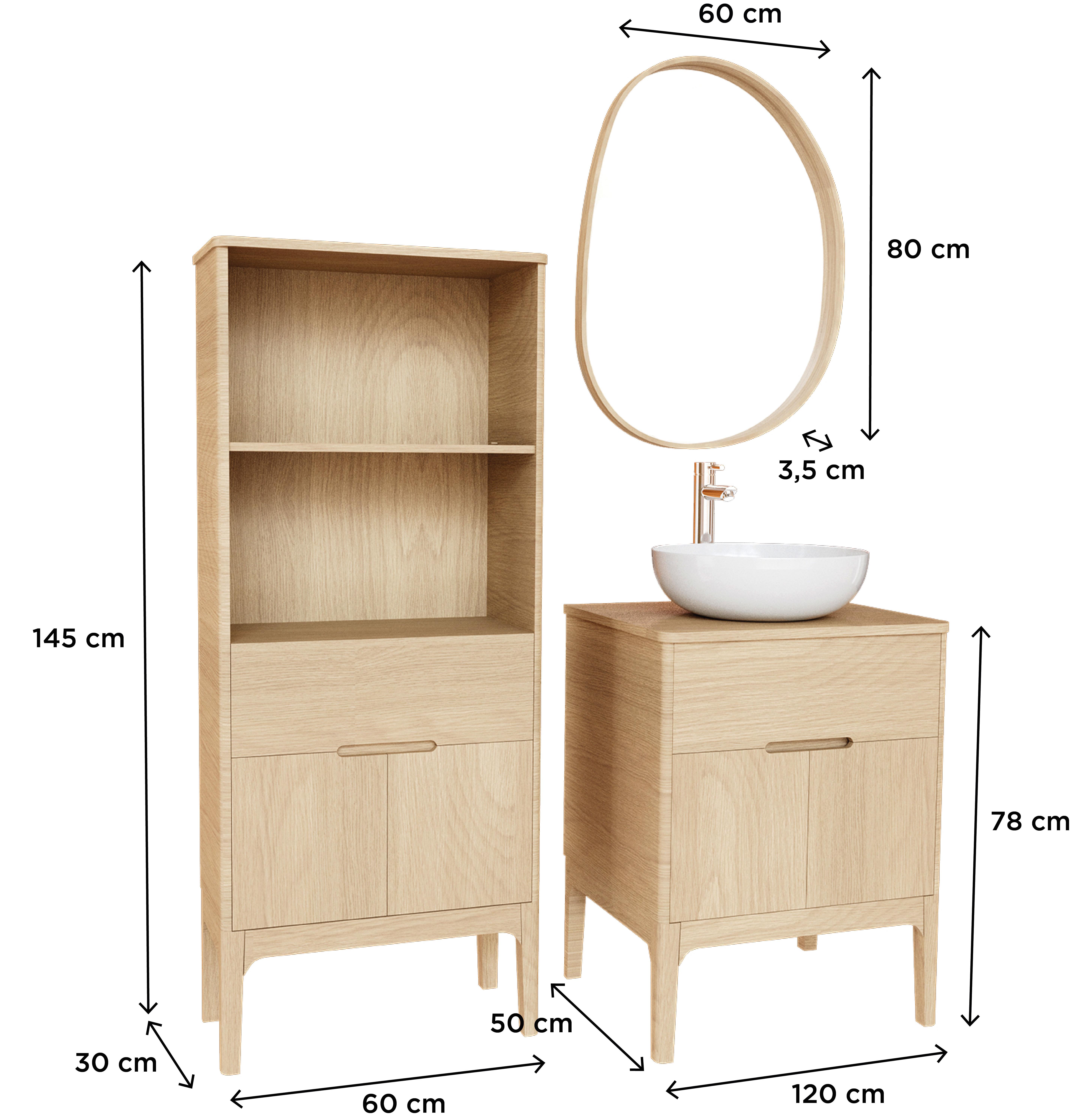Ensemble meuble simple vasque 60 cm chêne naturel + vasque + robinet + miroir + colonne
