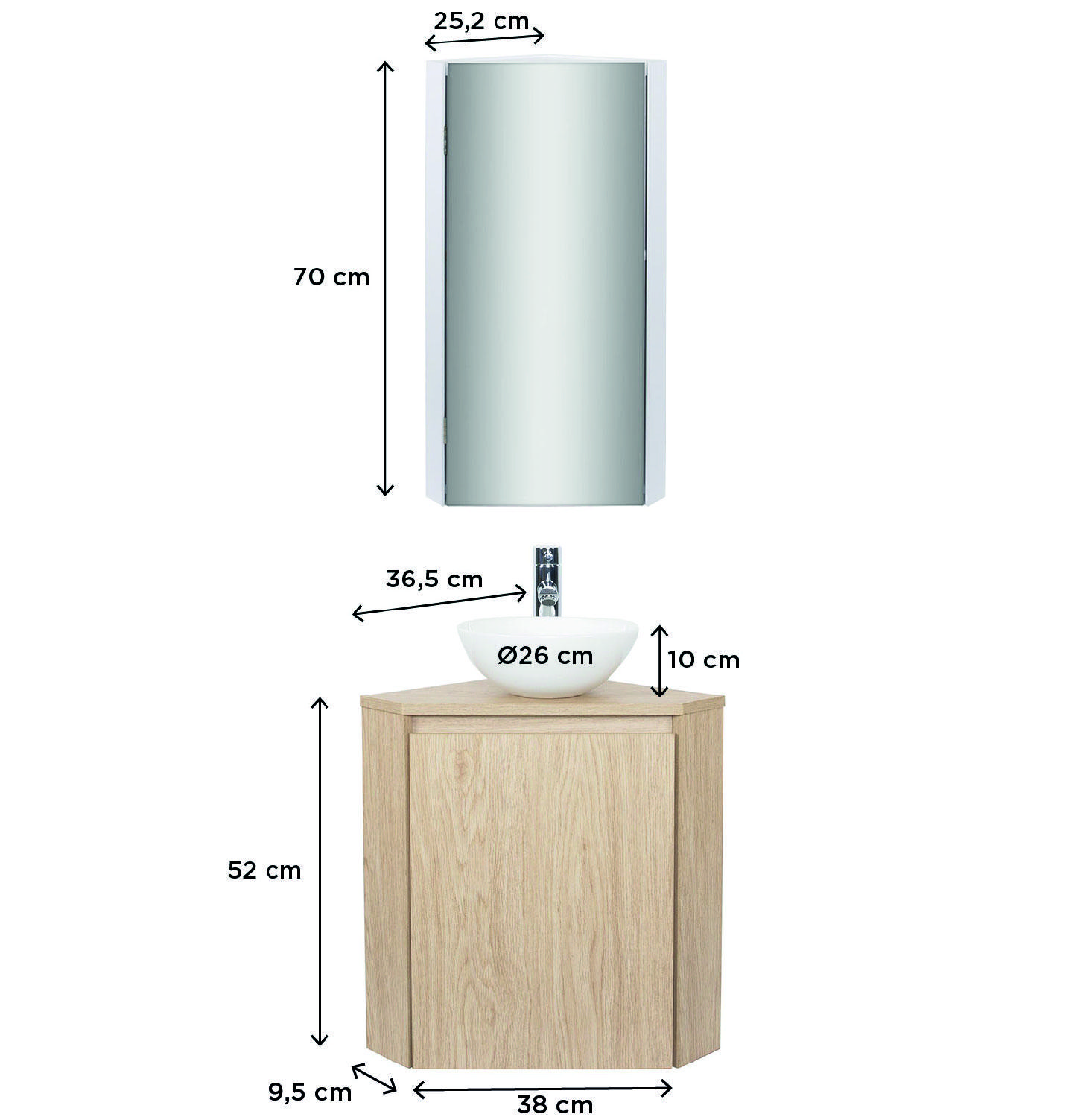 Ensemble lave-mains d'angle + vasque + armoire de toilette miroir