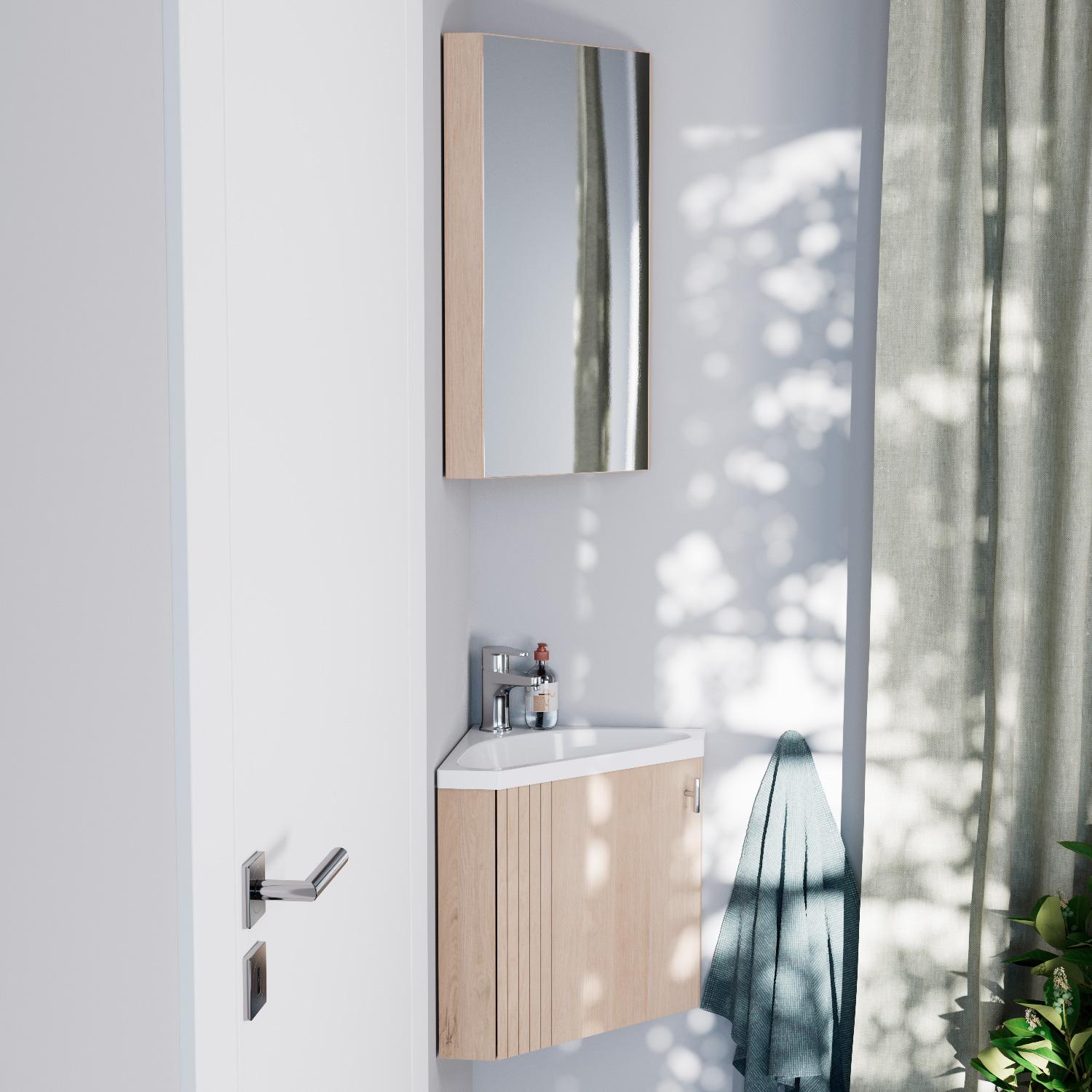 Ensemble meuble lave-mains d'angle décor chêne + Robinet