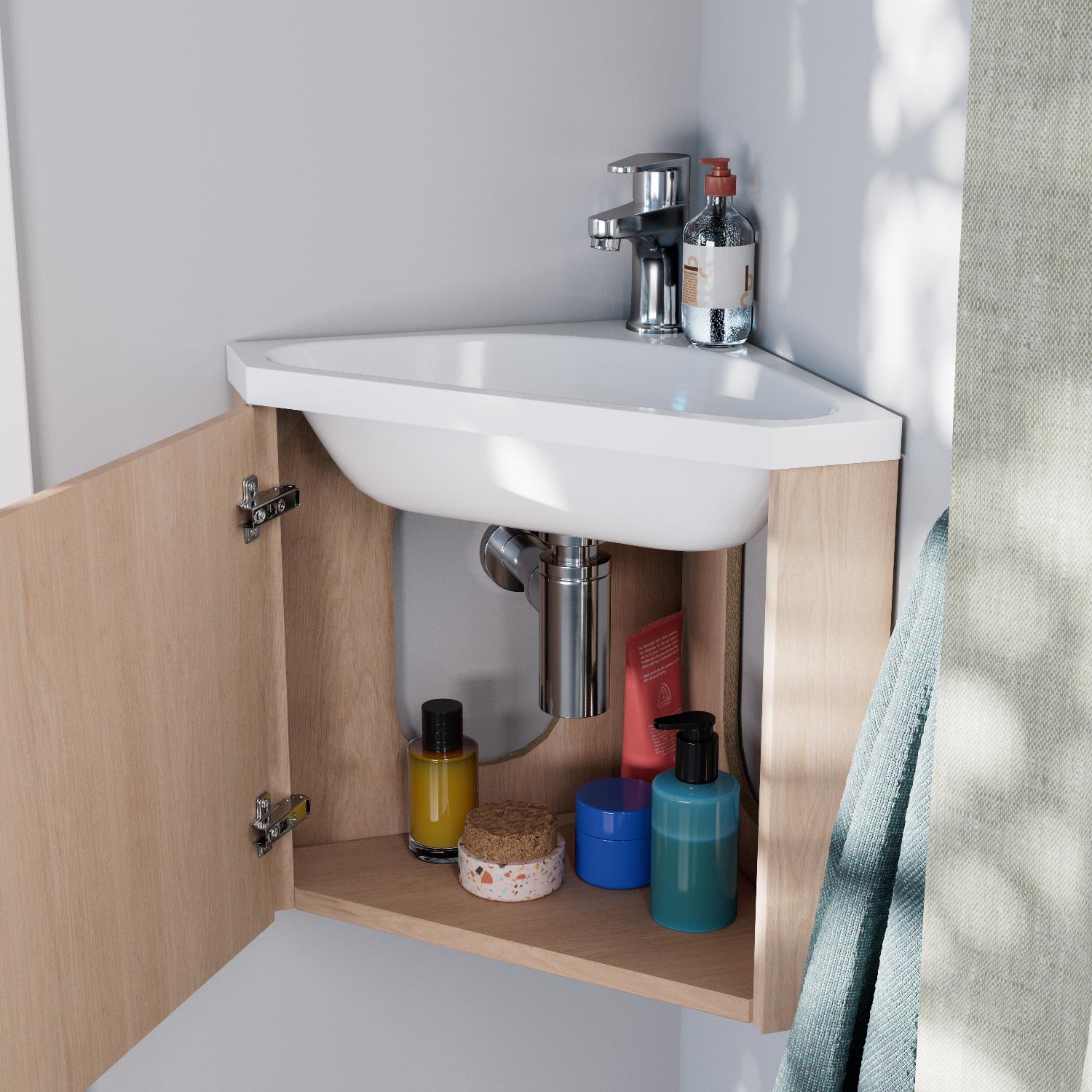 Ensemble meuble lave-mains d'angle décor chêne + Armoire miroir