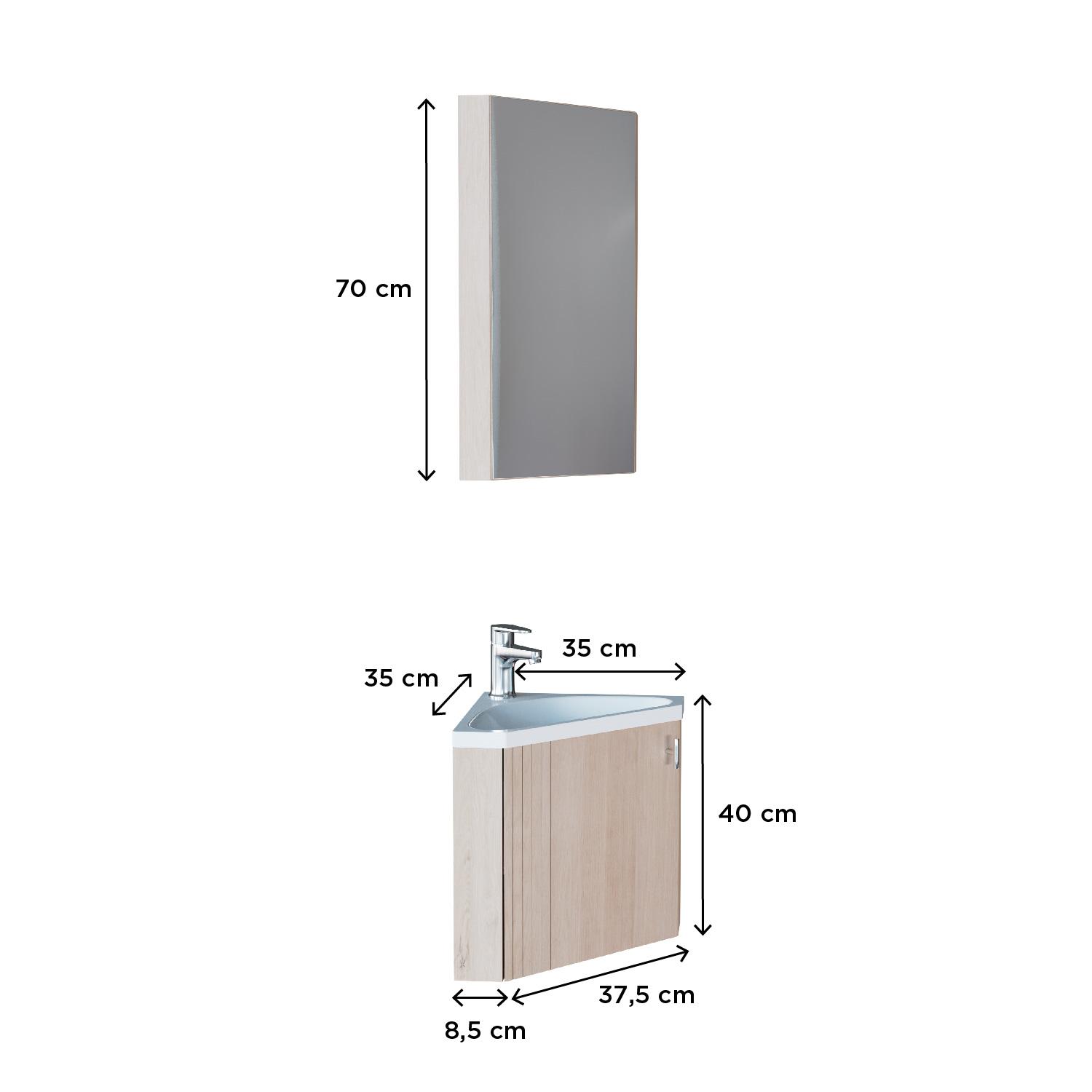 Ensemble meuble lave-mains d'angle décor chêne + Armoire miroir