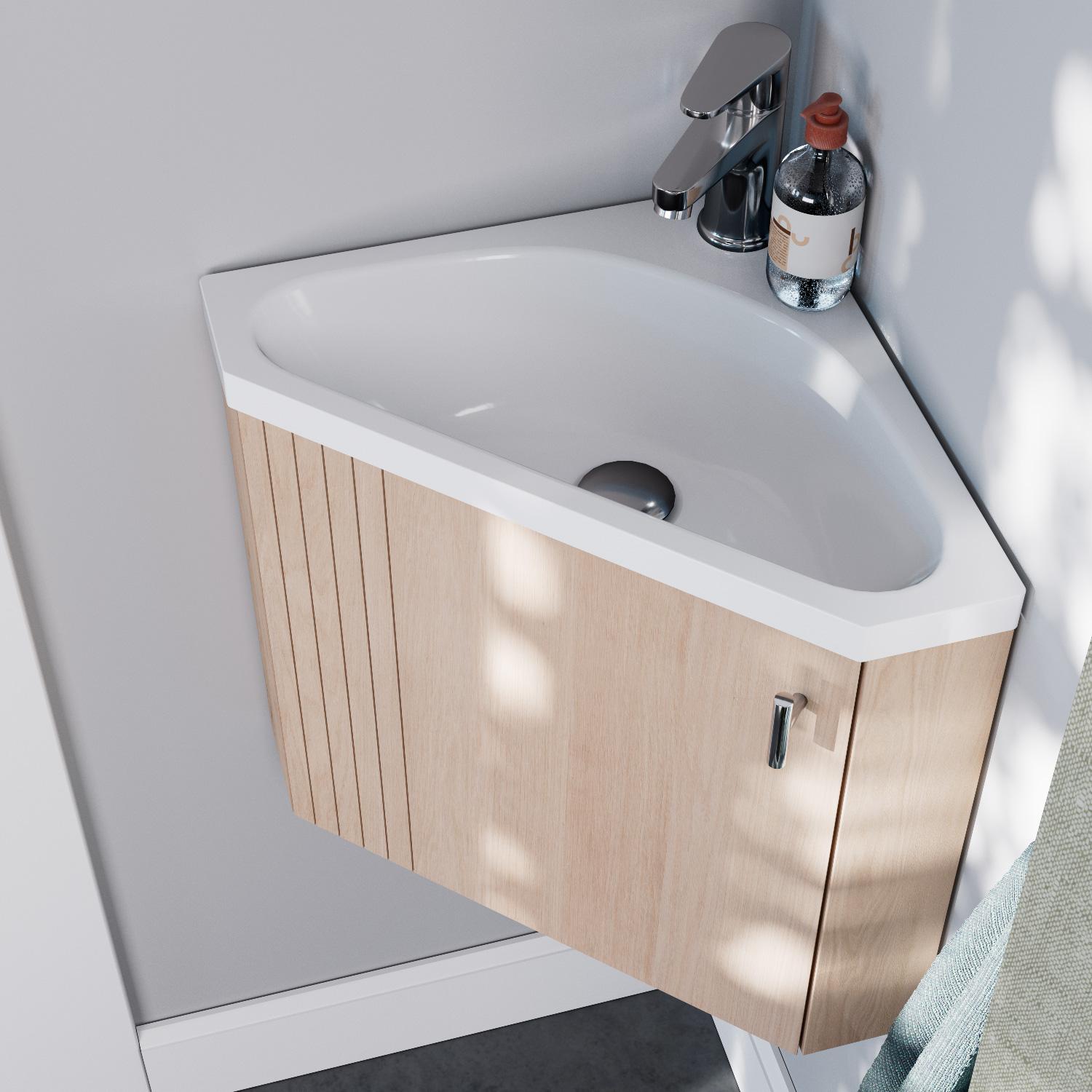 Ensemble meuble lave-mains d'angle décor chêne + Armoire miroir