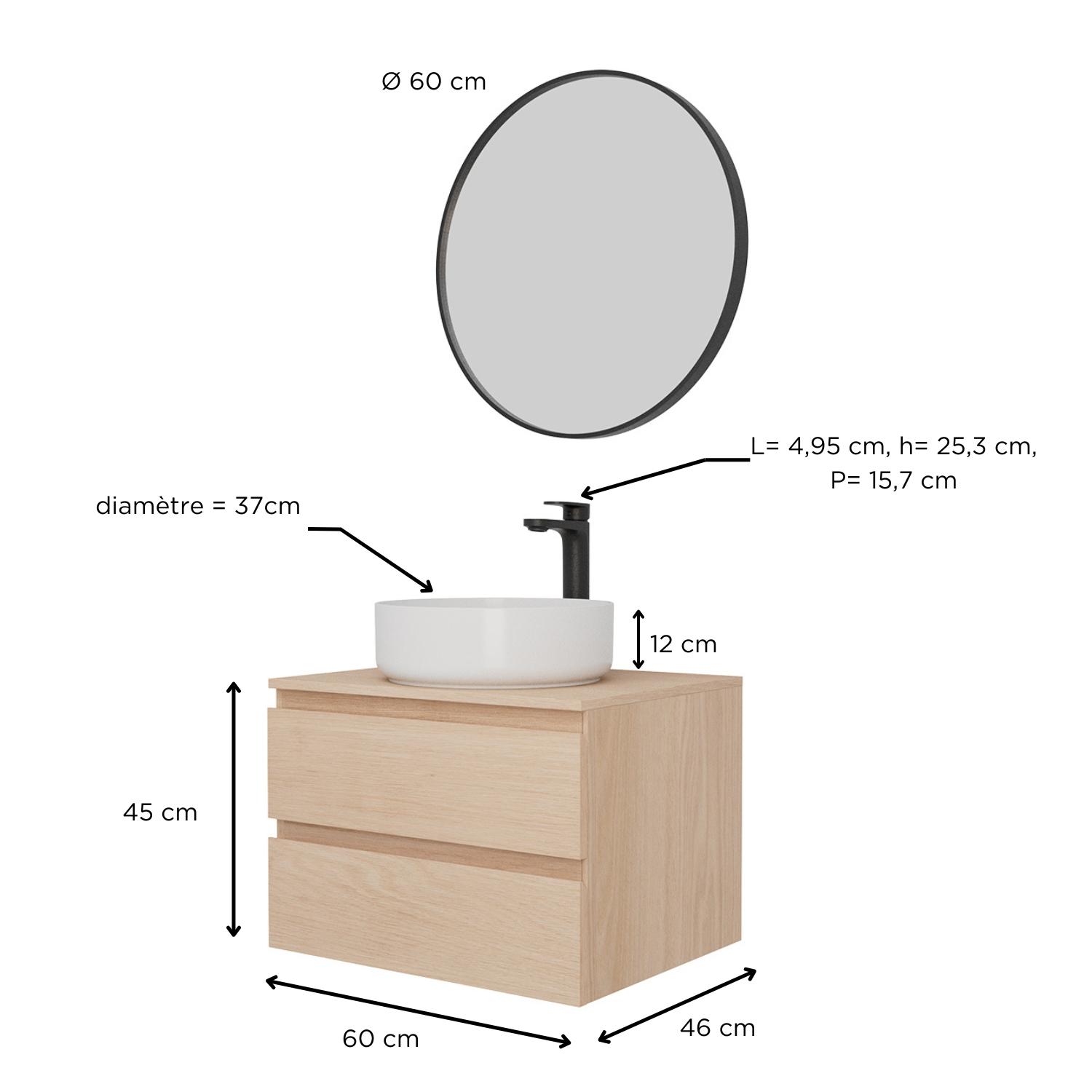 Ensemble meuble simple vasque 60 cm + vasque DIEGO + robinet ROB + miroir EMA