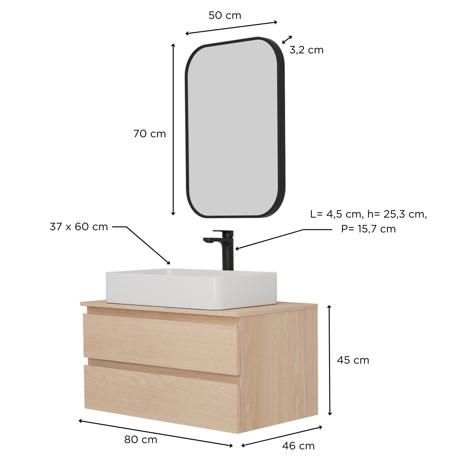 Ensemble meuble simple vasque 80 cm + vasque SADDY + robinet ROB + miroir LYA
