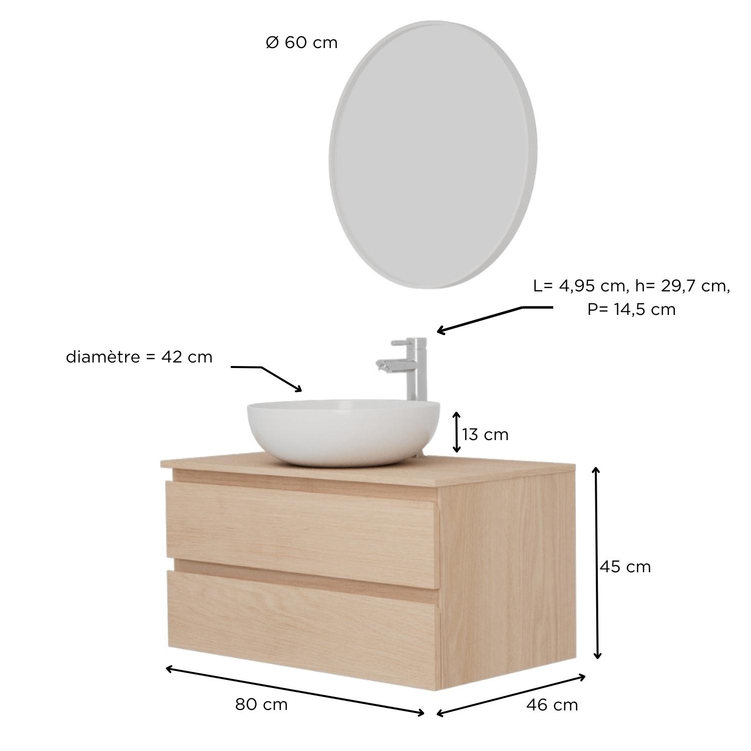Ensemble meuble simple vasque 80 cm + vasque SACHA + robinet TAP + miroir EMA