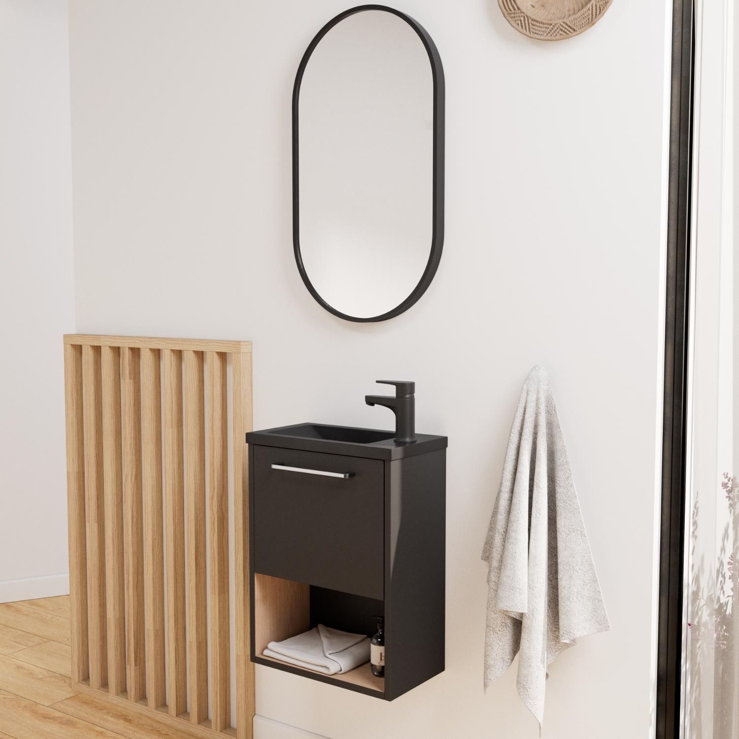 Ensemble meuble lave-mains NIKA + robinet GRIFO + Miroir PEPPER
