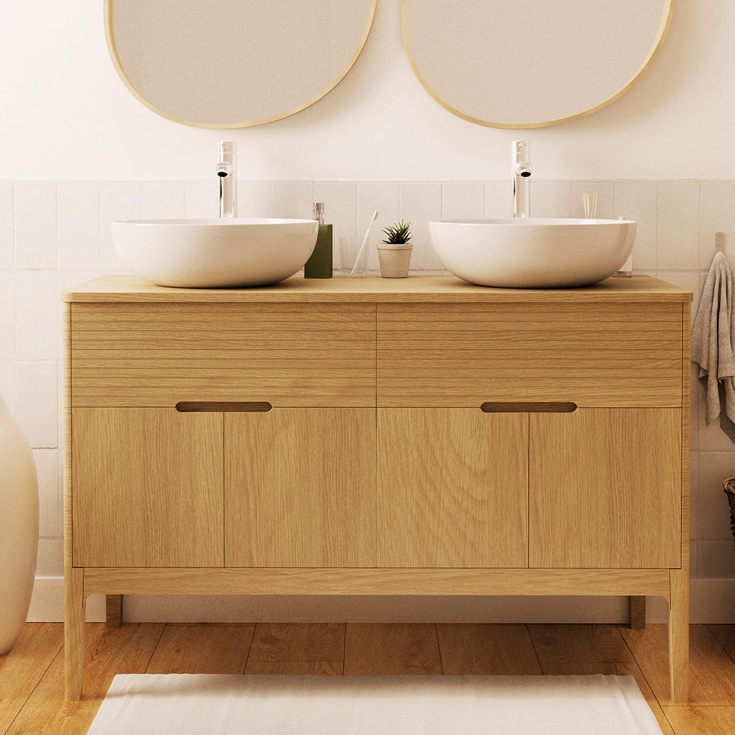 Ensemble meuble double vasque 120 cm chêne naturel + 2 vasques