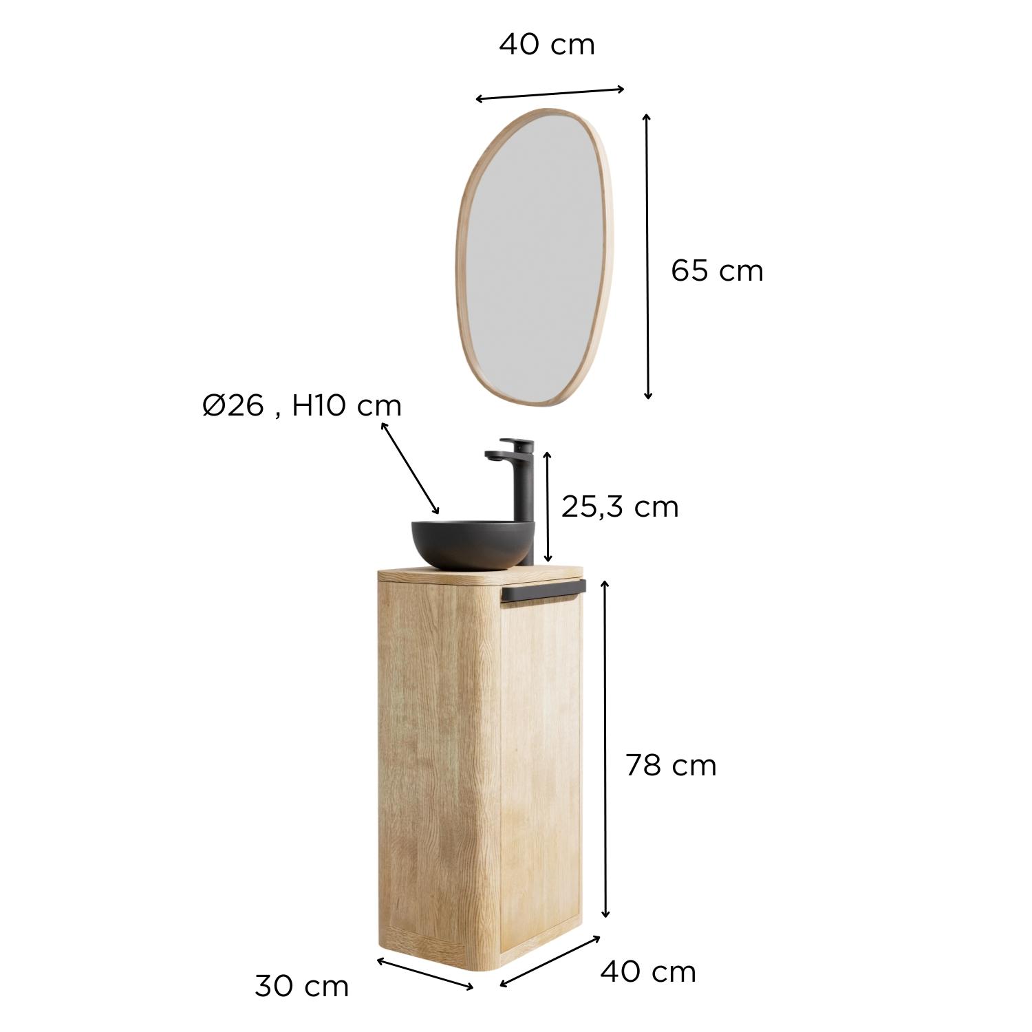 Ensemble meuble lave-mains TOM + vasque MAUD + robinet ROB + miroir OAKY