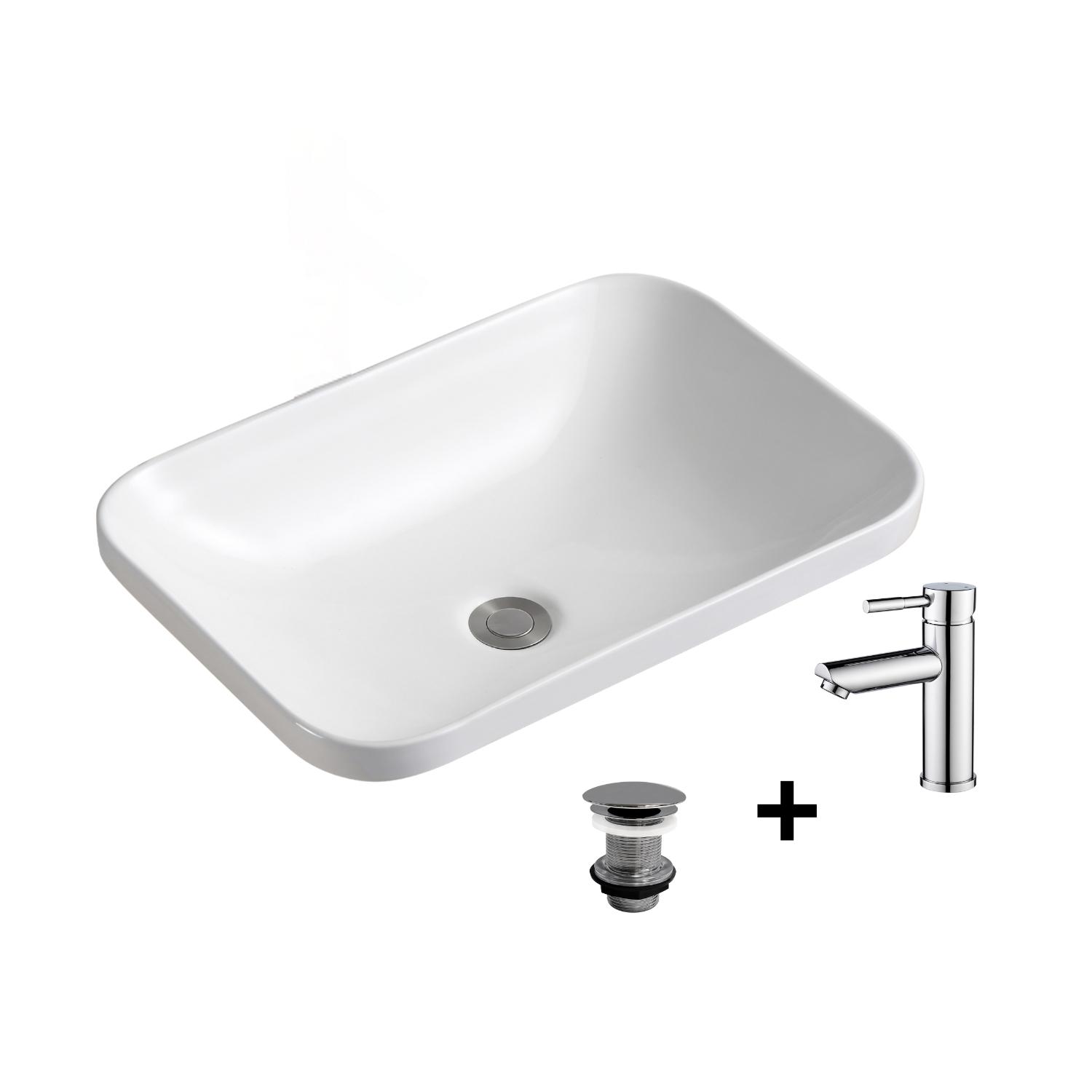 Vasque à encastrer rectangulaire 53x37cm PALMA + robinet TAP + bonde LIV