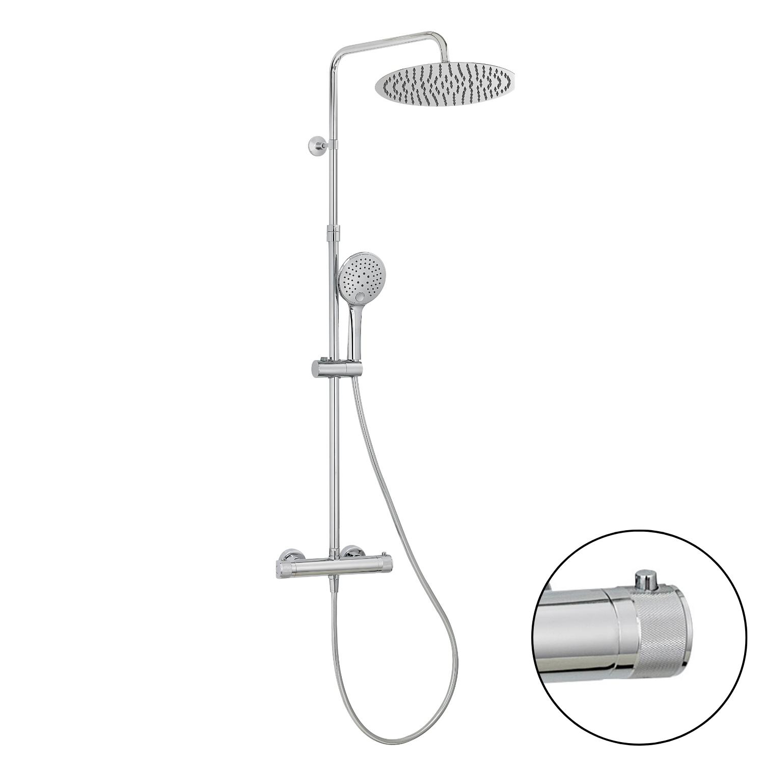 Colonne de douche thermostatique design BRUMA inox avec tête ronde 30cm - avec poignées guillochées