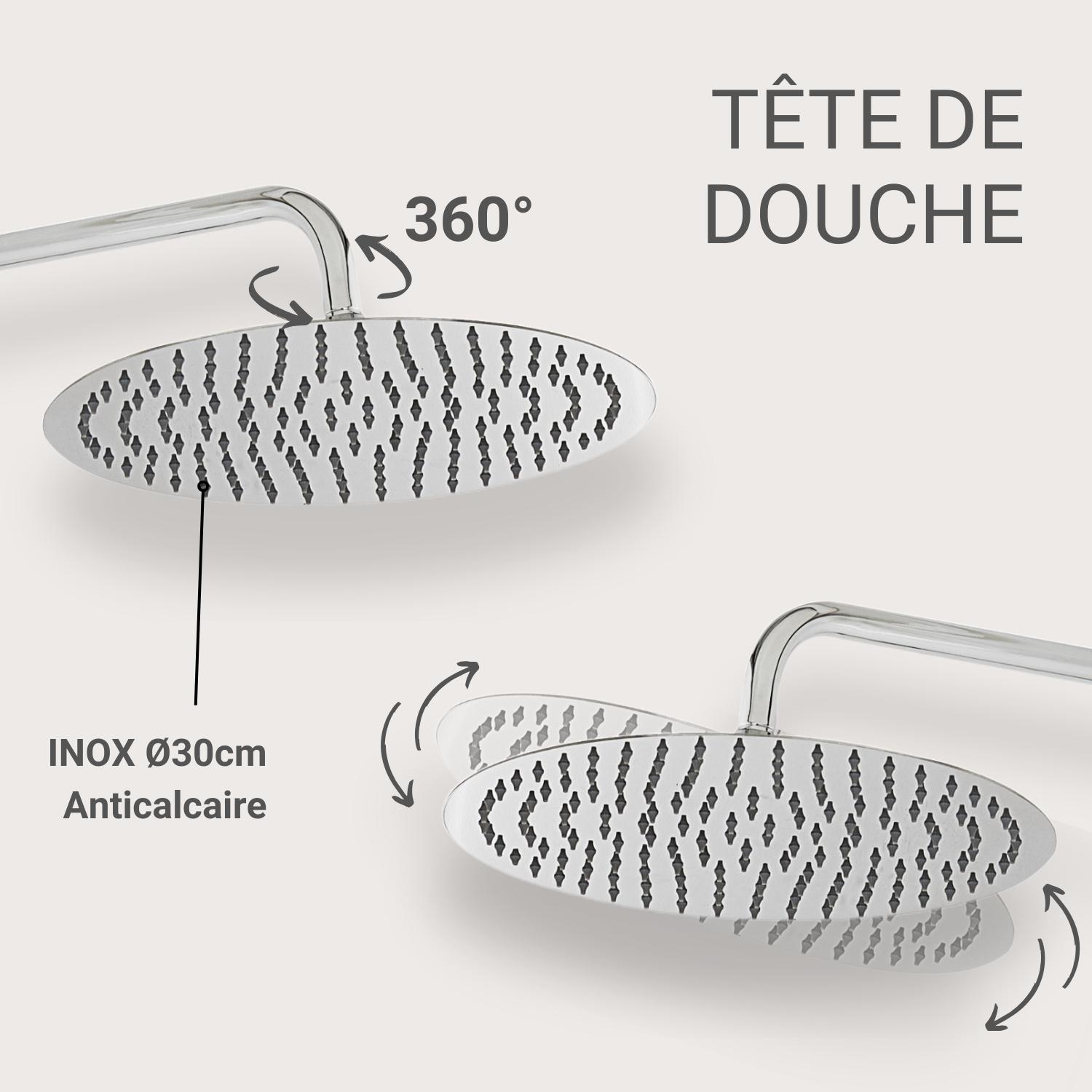 Colonne de douche thermostatique design BRUMA inox avec tête ronde 30cm - avec poignées guillochées
