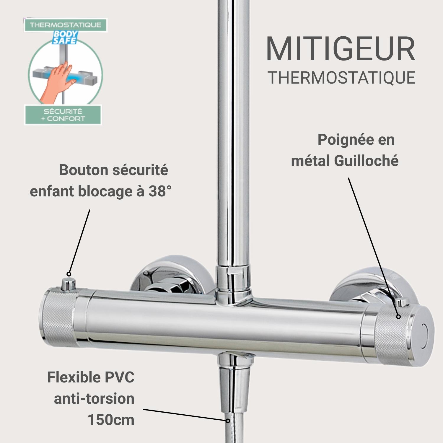 Colonne de douche thermostatique design BRUMA inox avec tête ronde 30cm - avec poignées guillochées