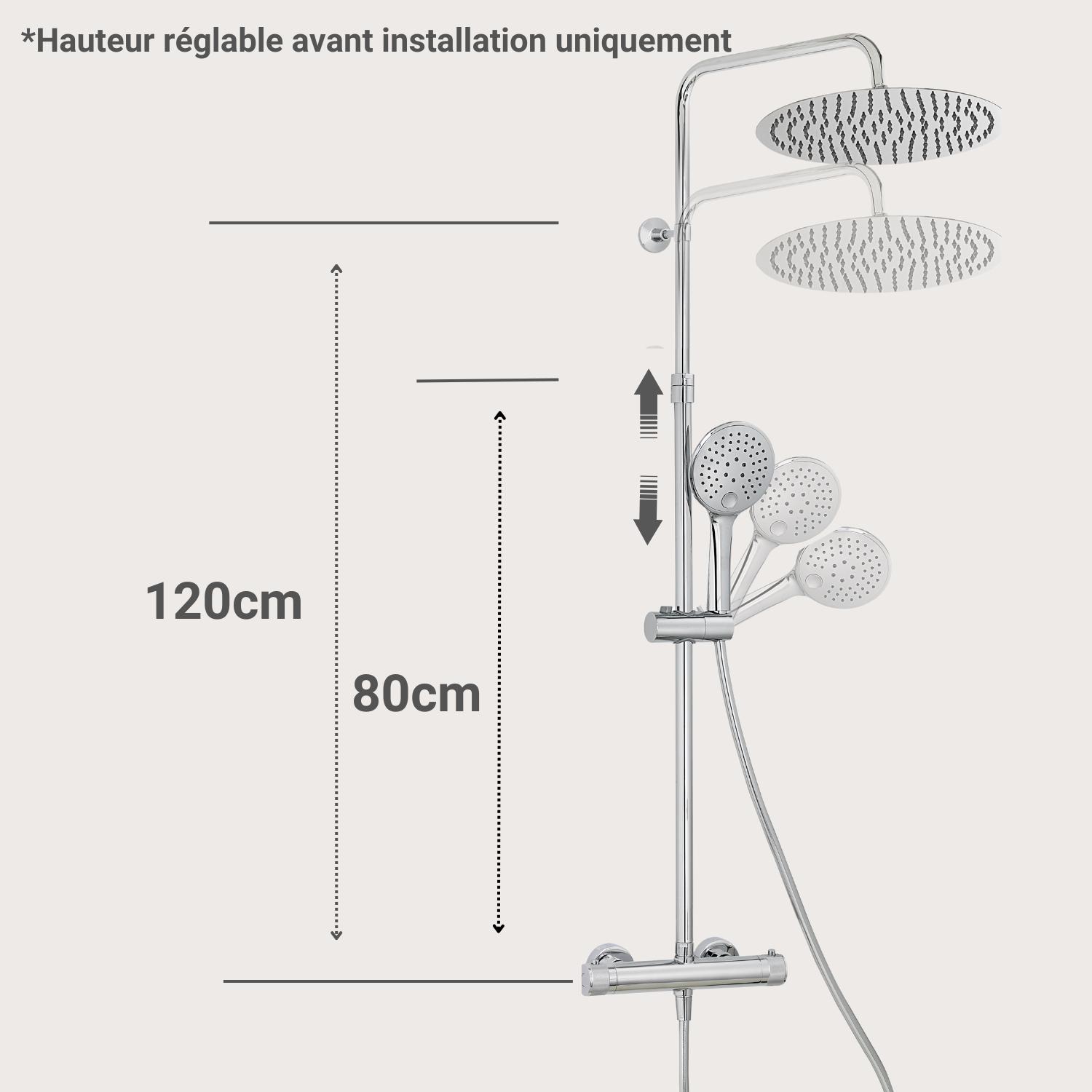 Colonne de douche thermostatique design BRUMA inox avec tête ronde 30cm - avec poignées guillochées