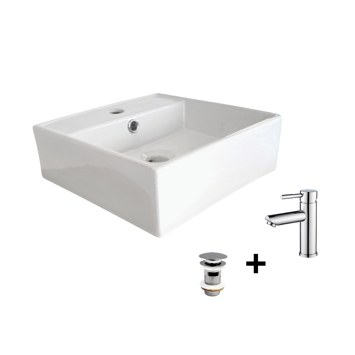 Vasque à poser carrée 38x38cm NINO + robinet TAP + bonde CLINT