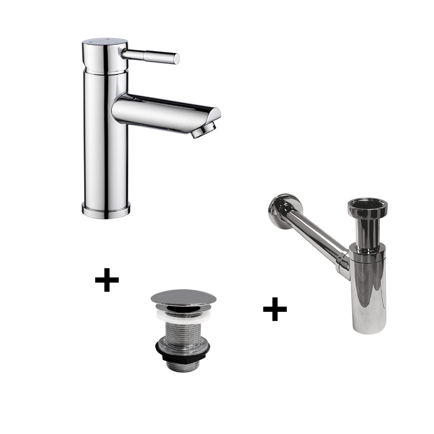 Robinet bec bas chromé TAP + bonde sans trop plein LIV + siphon SIMON