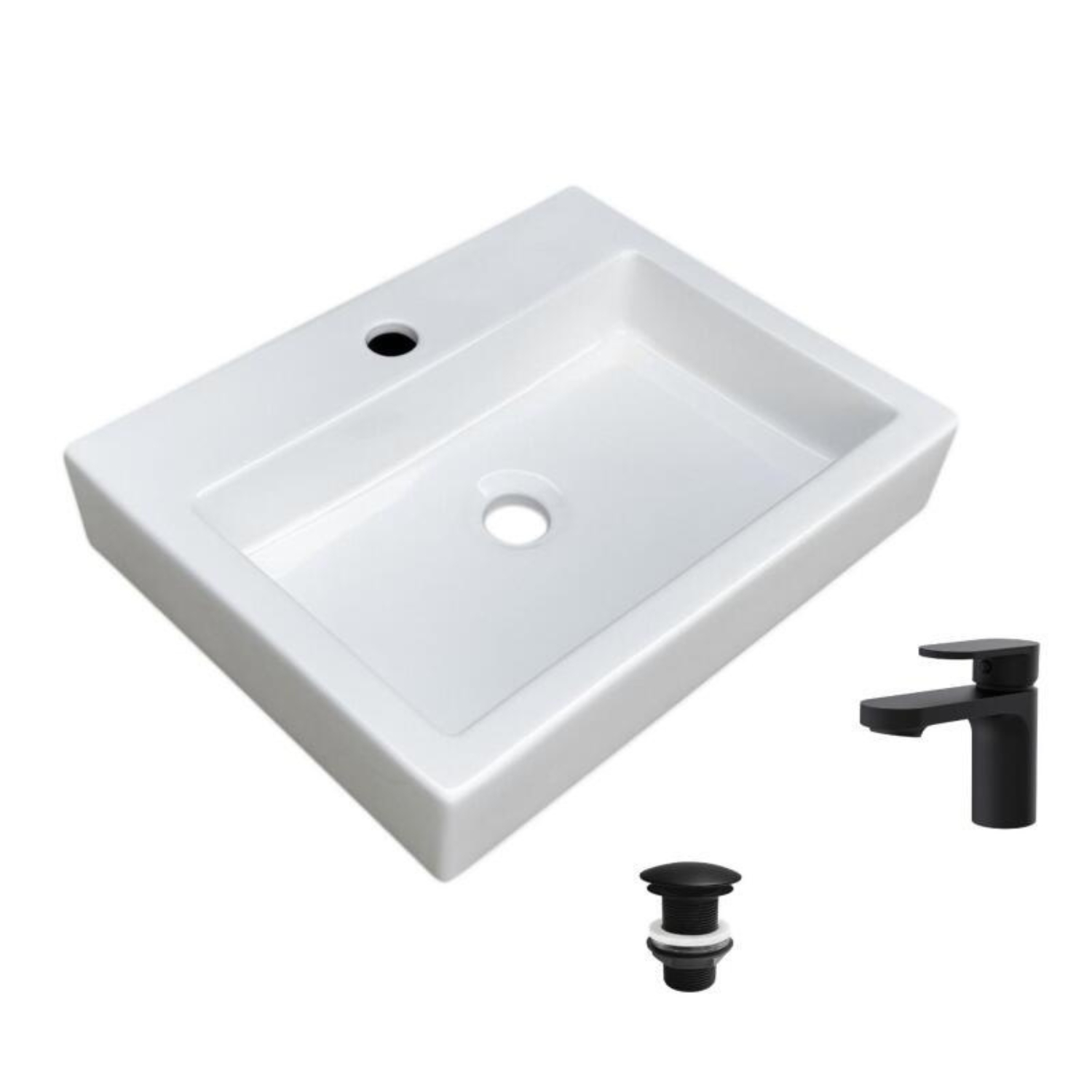 Vasque à poser rectangulaire 48x38cm PADI + robinet ROB + bonde LIV