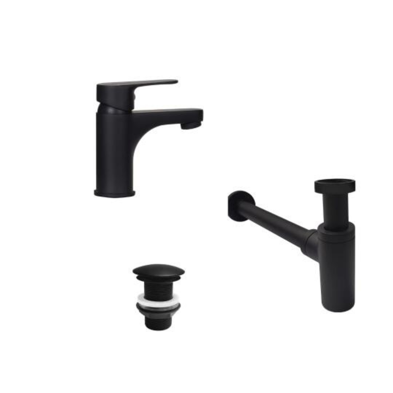 Robinet bec bas noir GRIFO + bonde sans trop plein LIV + siphon SIMON