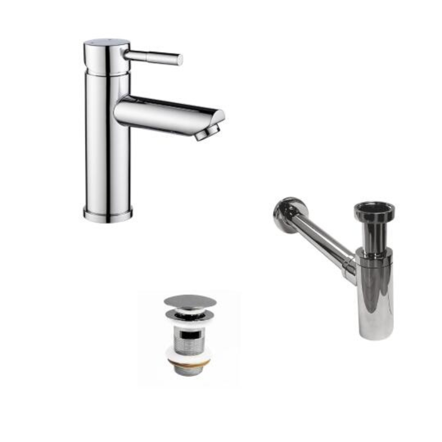 Robinet bec bas chromé TAP + bonde avec trop plein CLINT + siphon SIMON