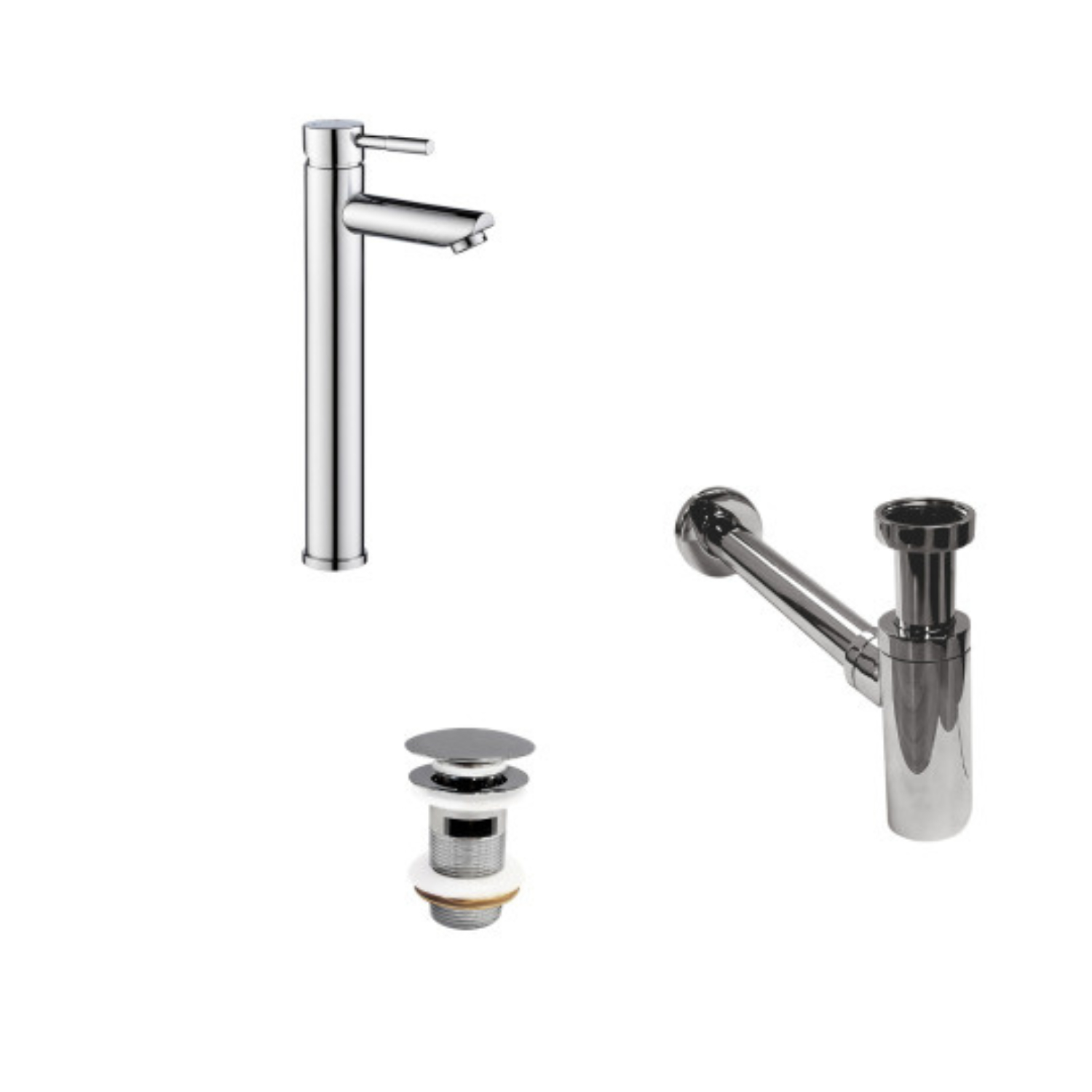 Robinet bec haut chromé TAP + bonde avec trop plein CLINT + siphon SIMON