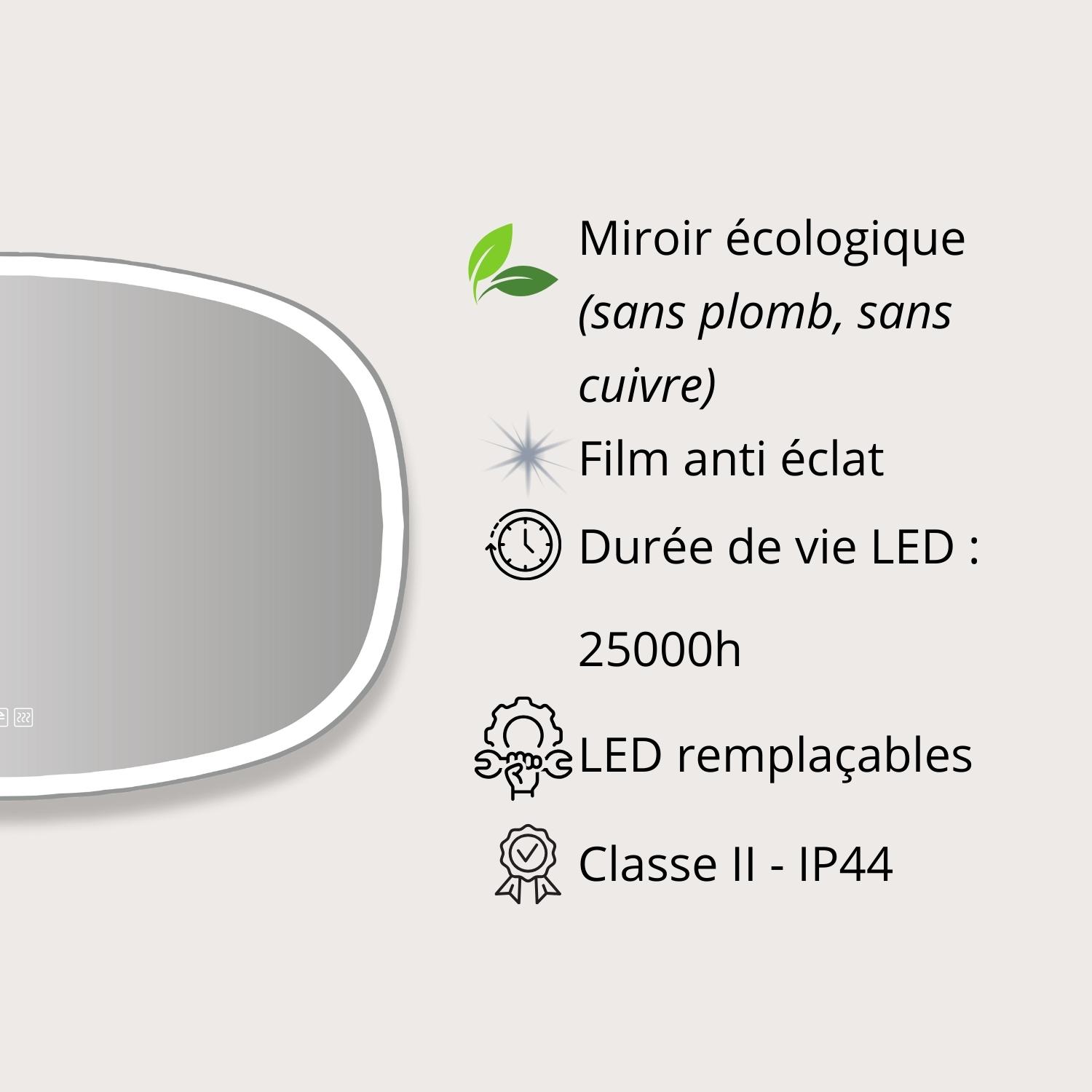 Miroir LED organique en verre argenté VELORE